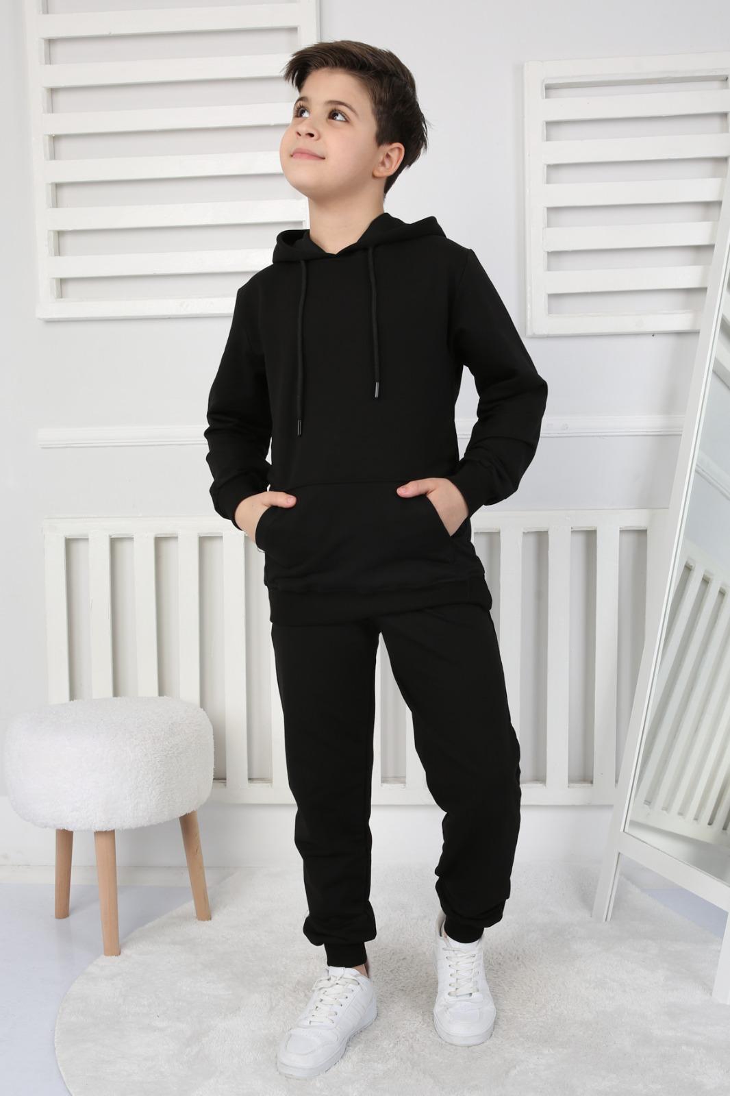 UNISEX ÇOCUK BASIC SİYAH RENK KANGURU CEP RAHAT KALIP KAPÜŞONLU SWEATSHIRT -EŞOFMAN ALT TAKIM