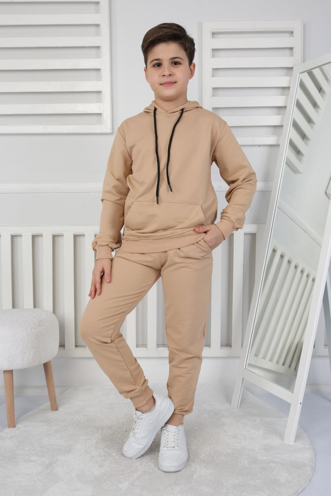 UNISEX ÇOCUK BASIC BEJ RENK KANGURU CEP RAHAT KALIP KAPÜŞONLU SWEATSHIRT