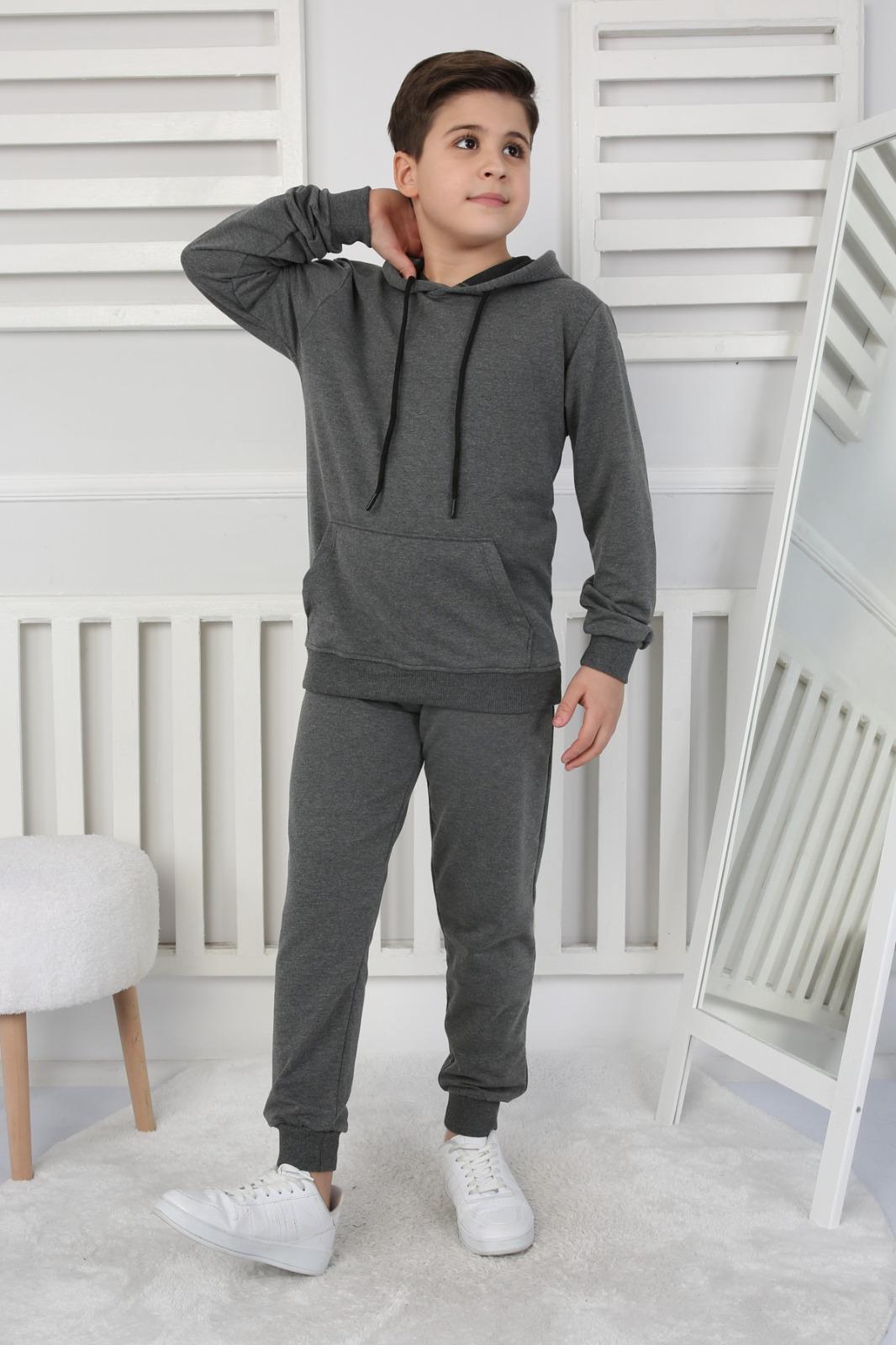 UNISEX ÇOCUK BASIC FÜME RENK KANGURU CEP RAHAT KALIP KAPÜŞONLU SWEATSHIRT