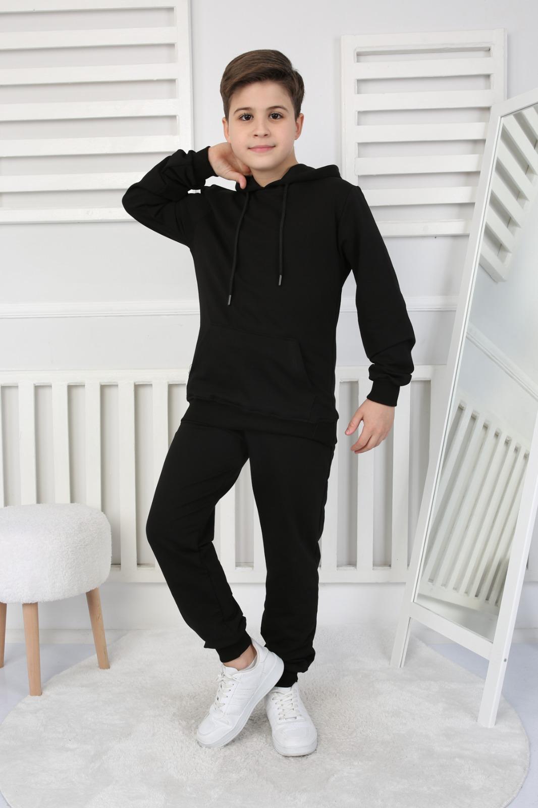 UNISEX ÇOCUK BASIC SİYAH RENK KANGURU CEP RAHAT KALIP KAPÜŞONLU SWEATSHIRT