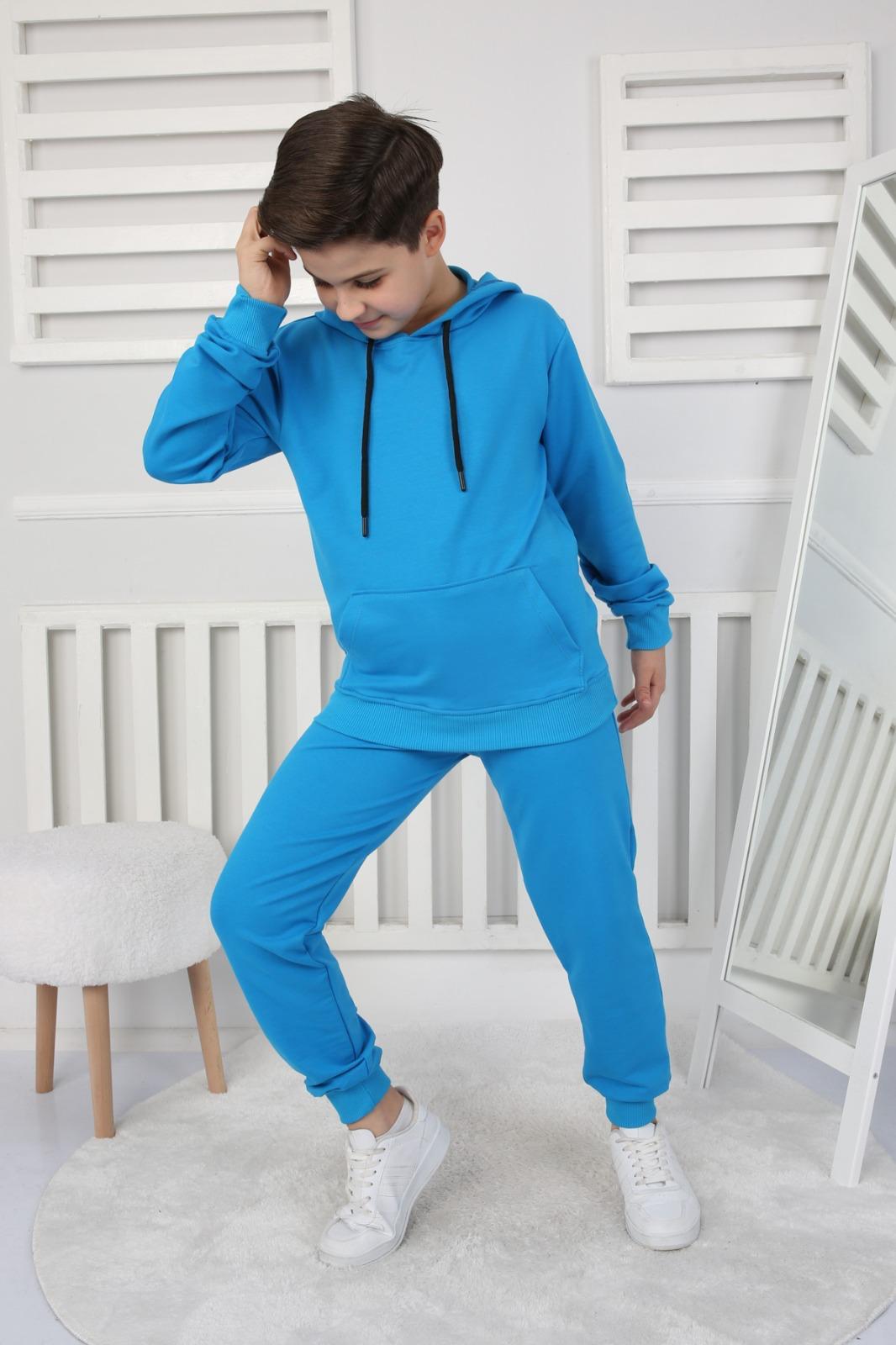 UNISEX ÇOCUK BASIC MAVİ RENK KANGURU CEP RAHAT KALIP KAPÜŞONLU SWEATSHIRT