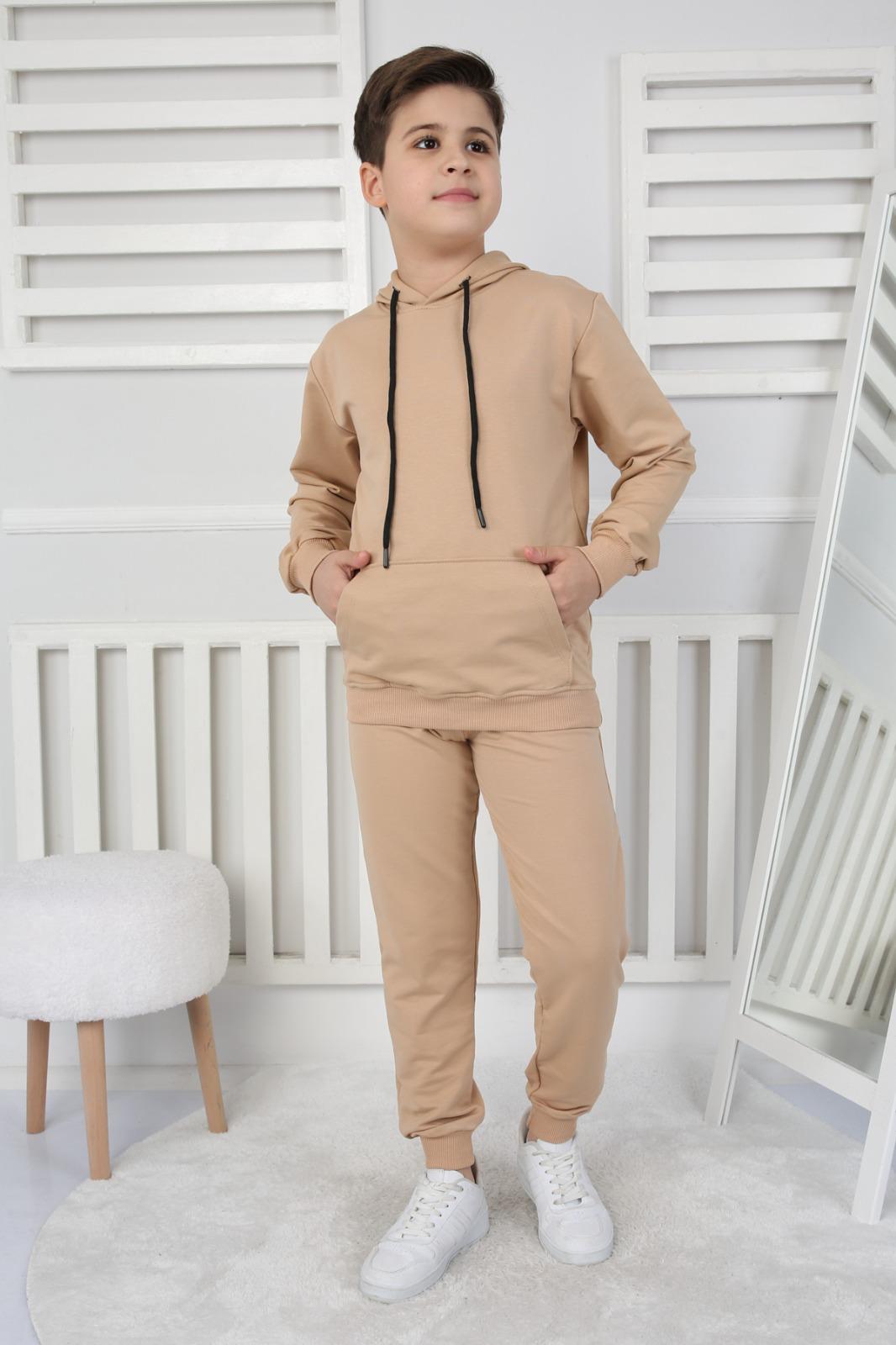 UNISEX ÇOCUK BASIC BEJ RENK KANGURU CEP RAHAT KALIP KAPÜŞONLU SWEATSHIRT