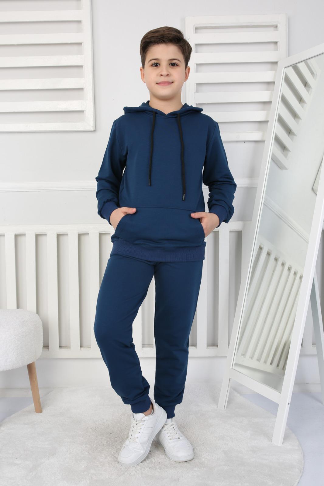 UNISEX ÇOCUK BASIC LACİVERT RENK KANGURU CEP RAHAT KALIP KAPÜŞONLU SWEATSHIRT -EŞOFMAN ALT TAKIM