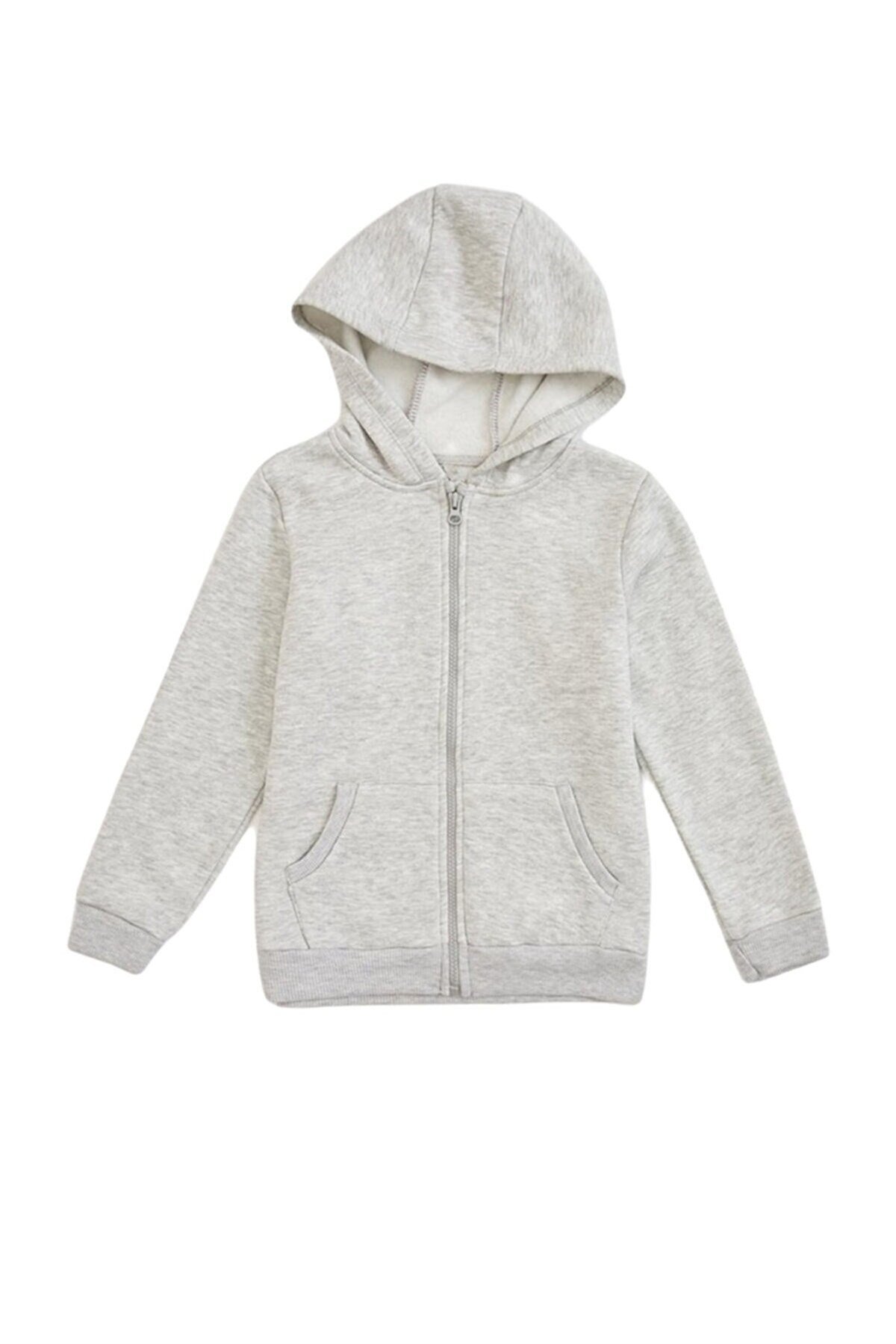 UNISEX ÇOCUK KAPÜŞONLU FERMUARLI ÜÇ İPLİK KIŞLIK  gri POLAR SWEATSHIRT HIRKA