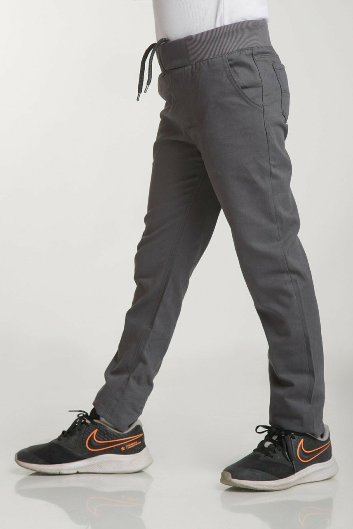 UNISEX ÇOCUK RIBANA BEL AÇIK GRİ CANVAS OKUL PANTOLONU