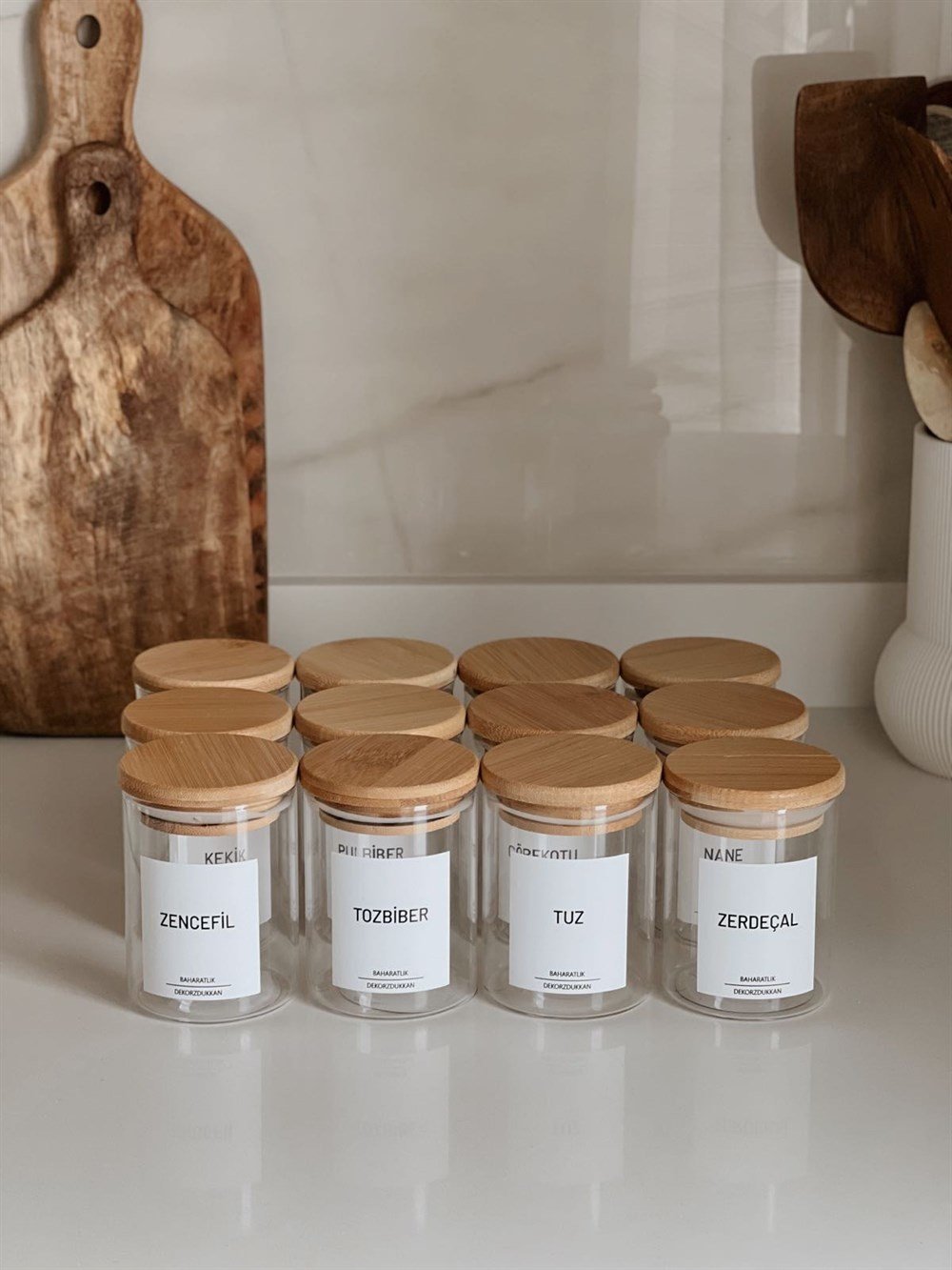  12'li Bambu Vakum Kapaklı Cam Kavanoz Baharatlık
