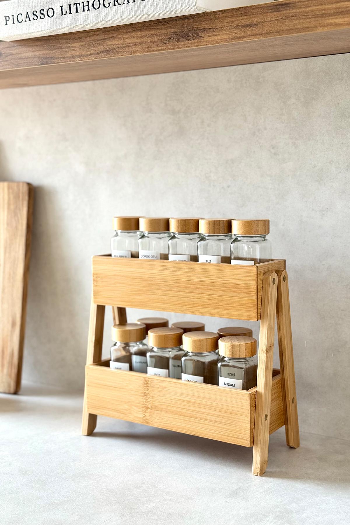 12'li Bambu Kapaklı Kare Kavanoz ve Çift Katlı Bambu Stand Seti