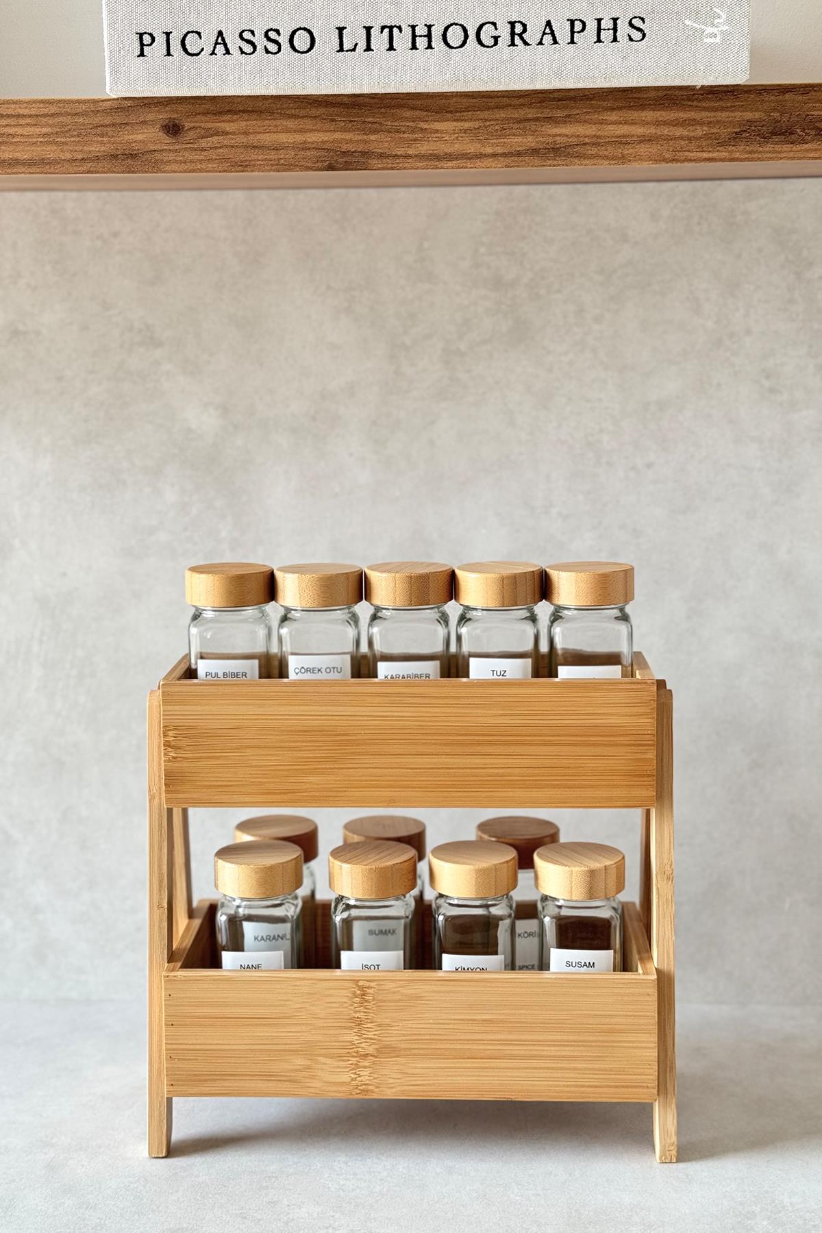 12'li Bambu Kapaklı Kare Kavanoz ve Çift Katlı Bambu Stand Seti