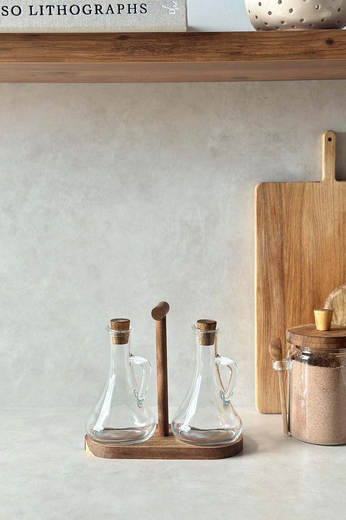 2'li Akasya Standlı Akasya Kapaklı Yağdanlık Sosluk Seti(Kalın Cam)