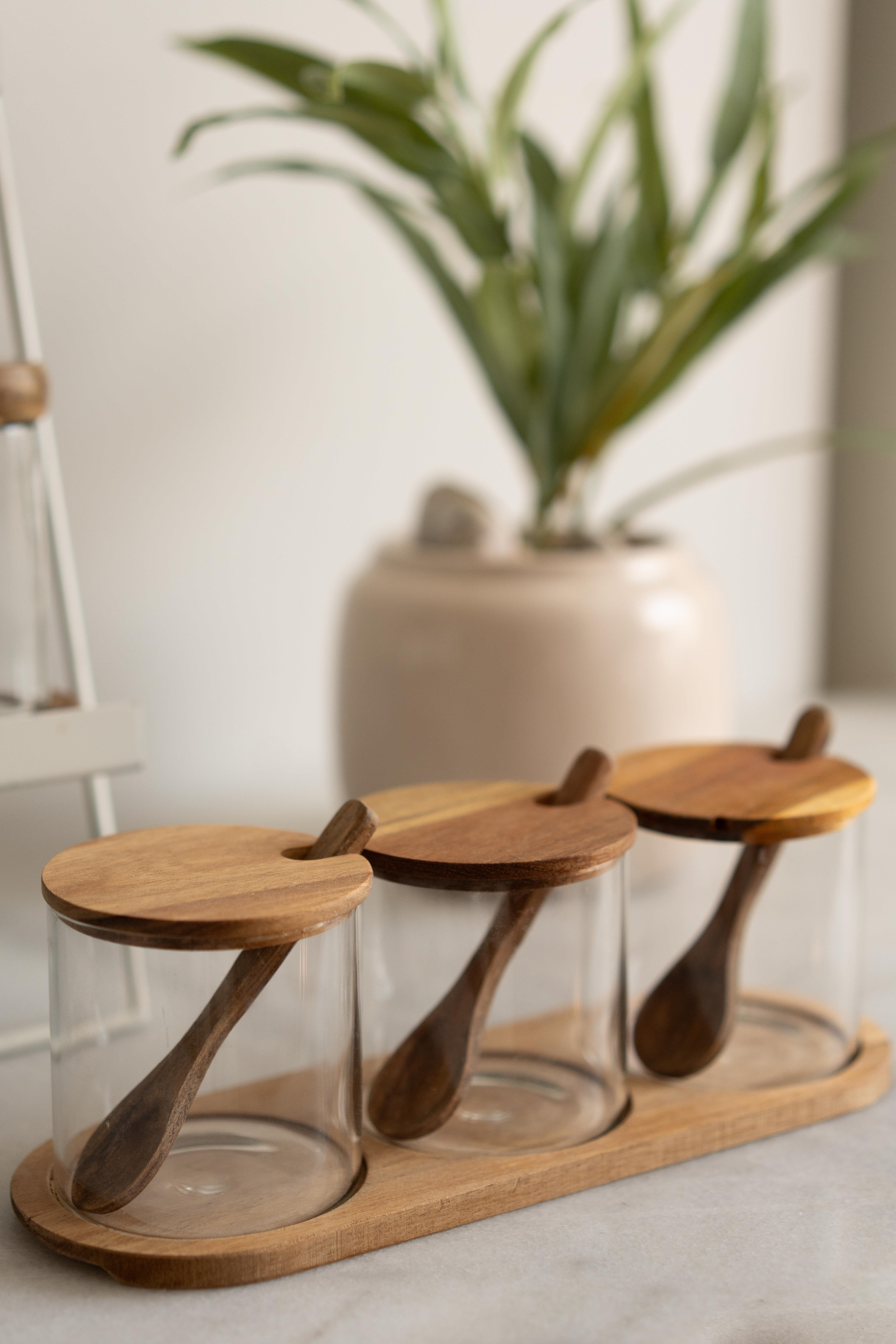 3'lü Akasya Kapaklı Kaşıklı Kavanoz Seti