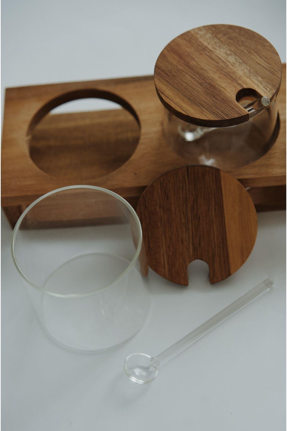 3'lü Akasya Kapaklı ve Standlı Baharatlık Seti ( Cam kaşıklı)