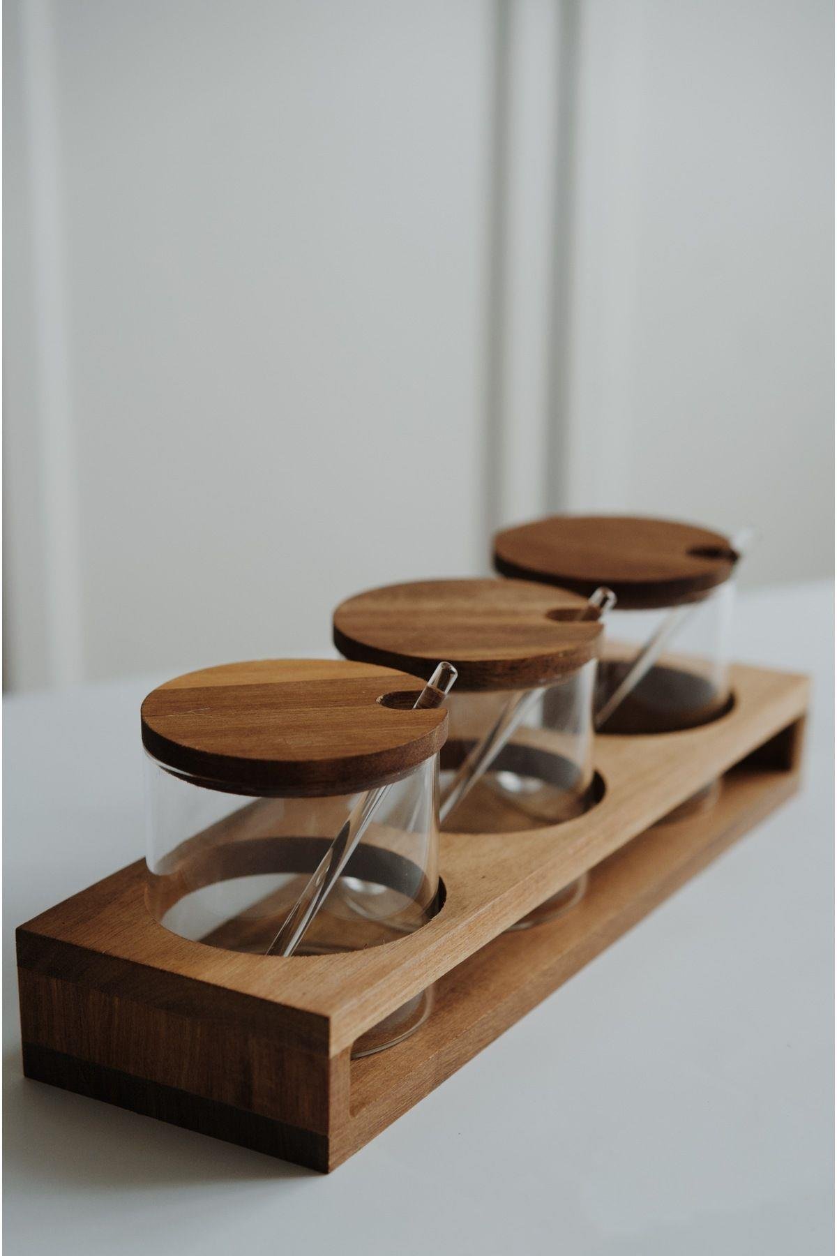 3'lü Akasya Kapaklı ve Standlı Baharatlık Seti ( Cam kaşıklı)