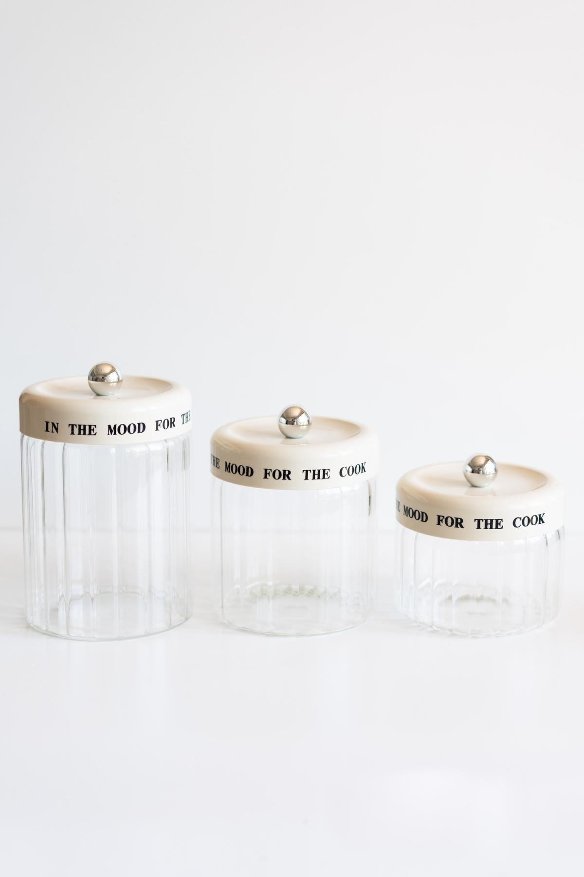 3'lü Krem Vakum Kapaklı Motto Cam Kavanoz Seti (850ml+1100ml+1400ml)