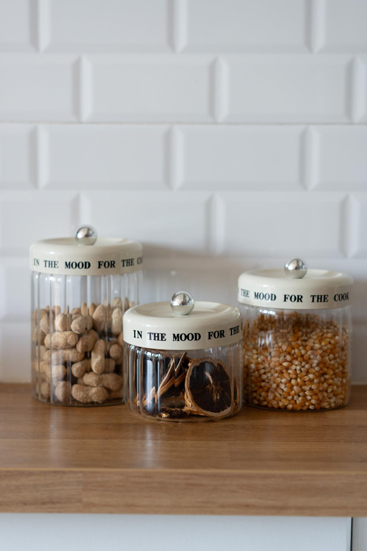 3'lü Krem Vakum Kapaklı Motto Cam Kavanoz Seti (850ml+1100ml+1400ml)