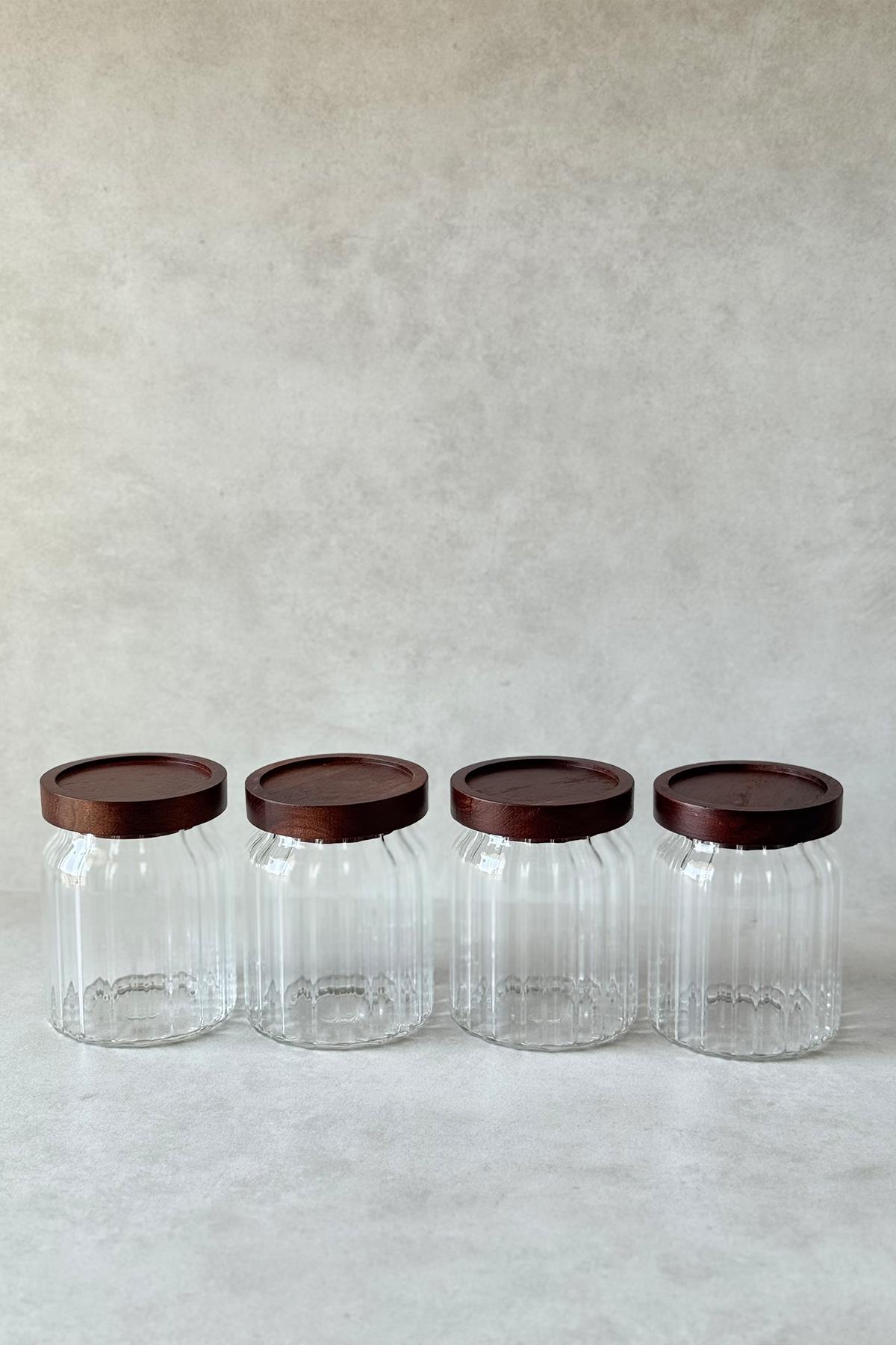 4'lü Akasya Vakum Kapaklı Çizgili Model Kavanoz Seti (400ml)