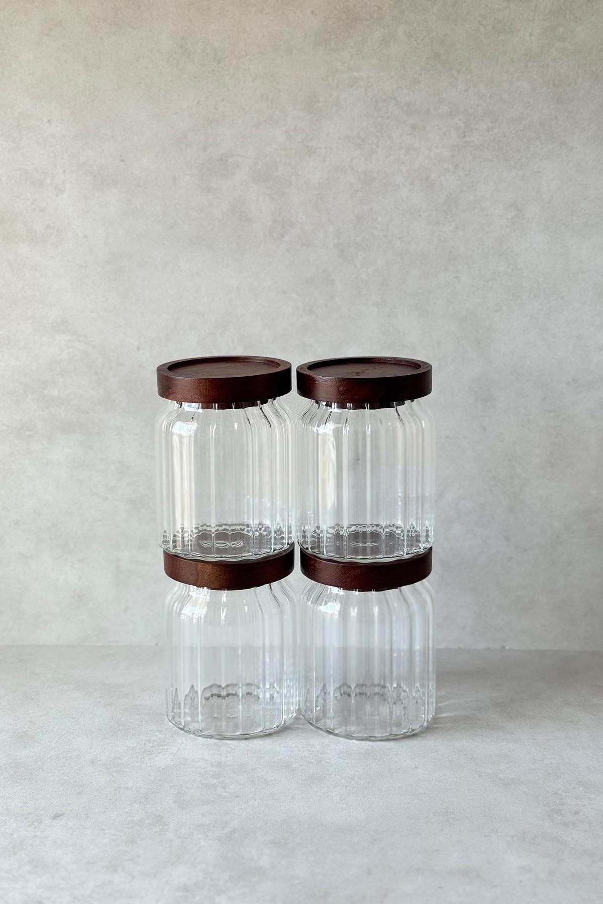 4'lü Akasya Vakum Kapaklı Çizgili Model Kavanoz Seti (400ml)