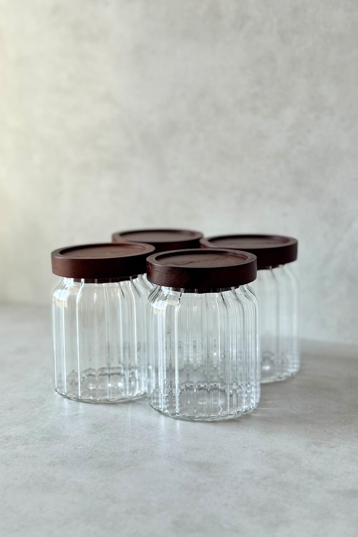 4'lü Akasya Vakum Kapaklı Çizgili Model Kavanoz Seti (400ml)