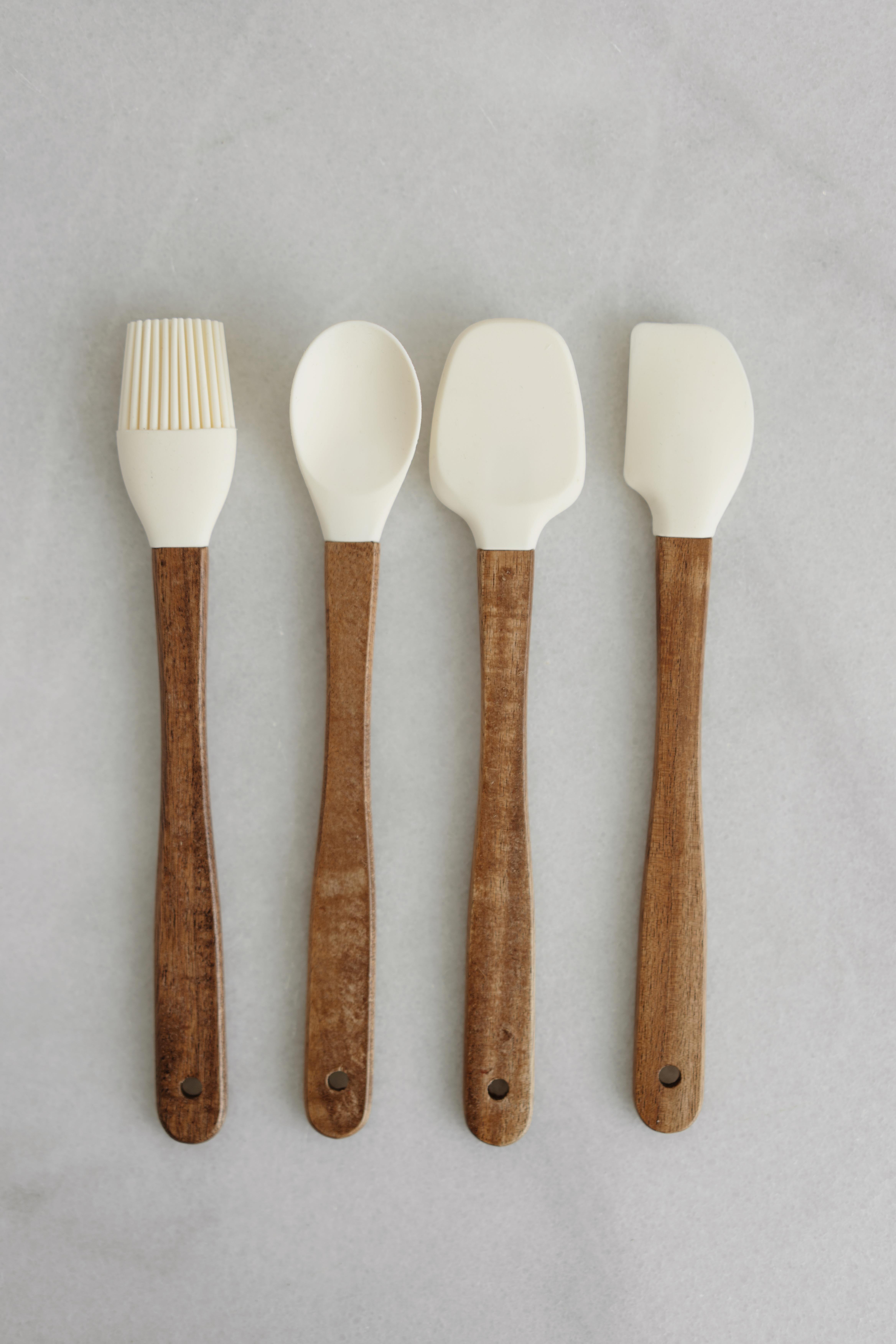 4'lü Mini Akasya  Saplı  Krem Silikon Spatula Seti