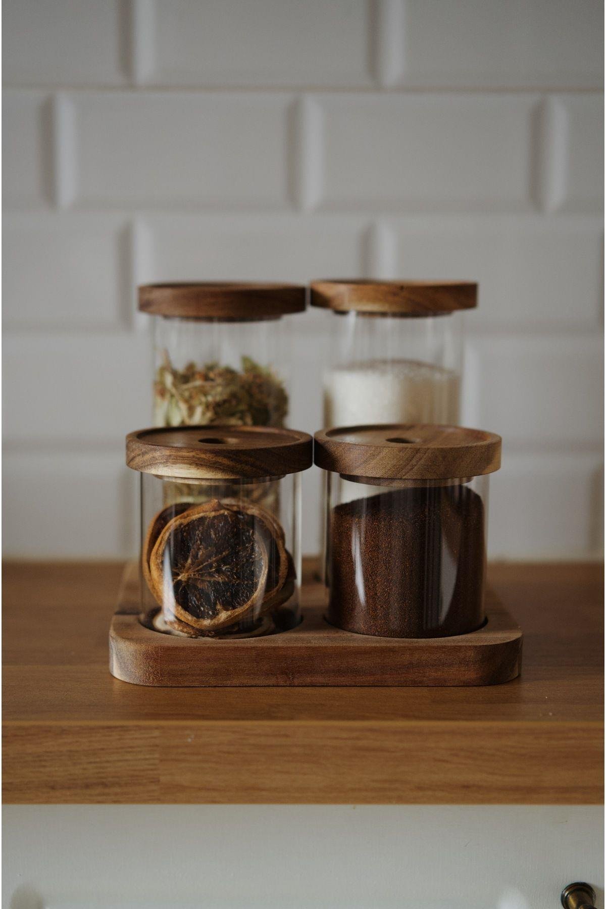 4'lü Standlı Akasya Vakum Kapaklı Kavanoz Seti