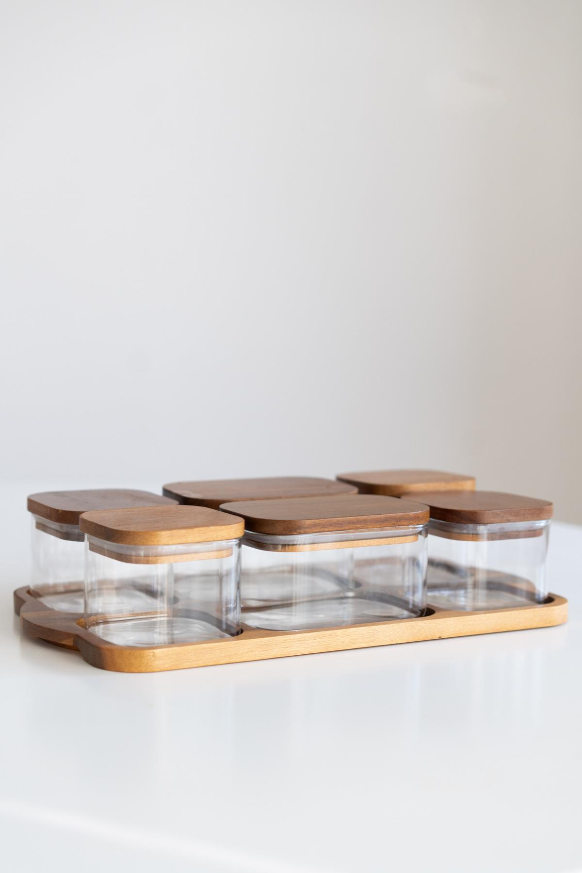 6'lı Akasya Standlı Kare/Dikdörtgen Cam Kahvaltılık (akasya vakum kapak)