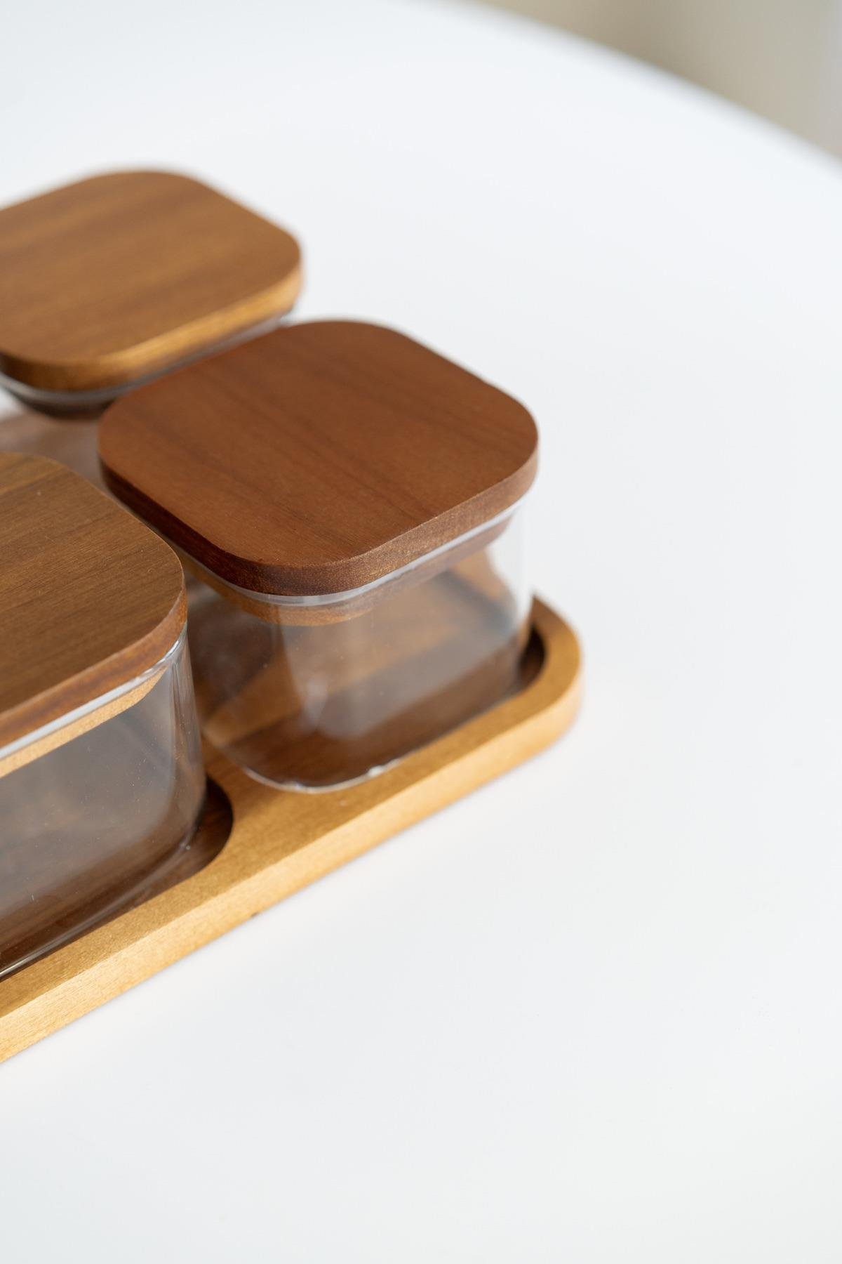 6'lı Akasya Standlı Kare/Dikdörtgen Cam Kahvaltılık (akasya vakum kapak)