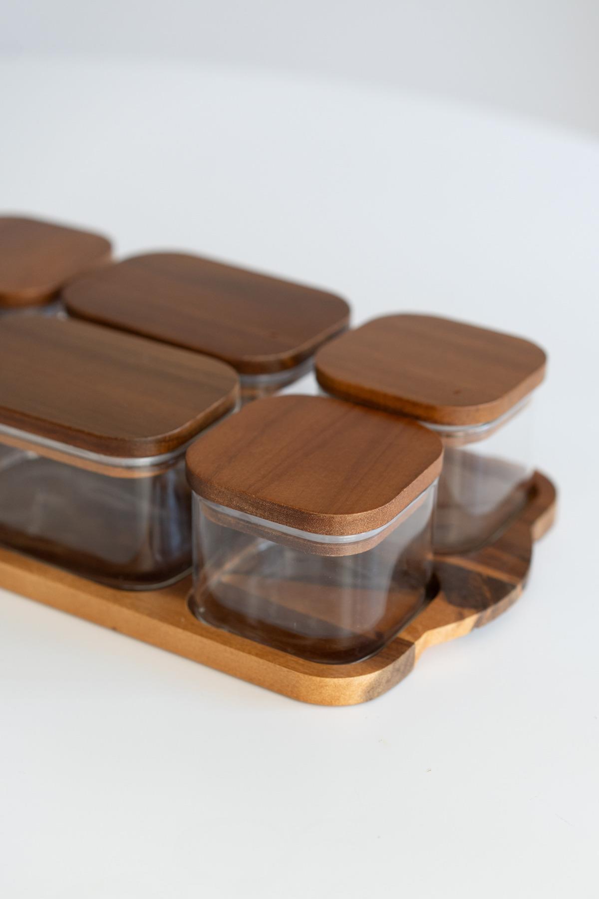 6'lı Akasya Standlı Kare/Dikdörtgen Cam Kahvaltılık (akasya vakum kapak)