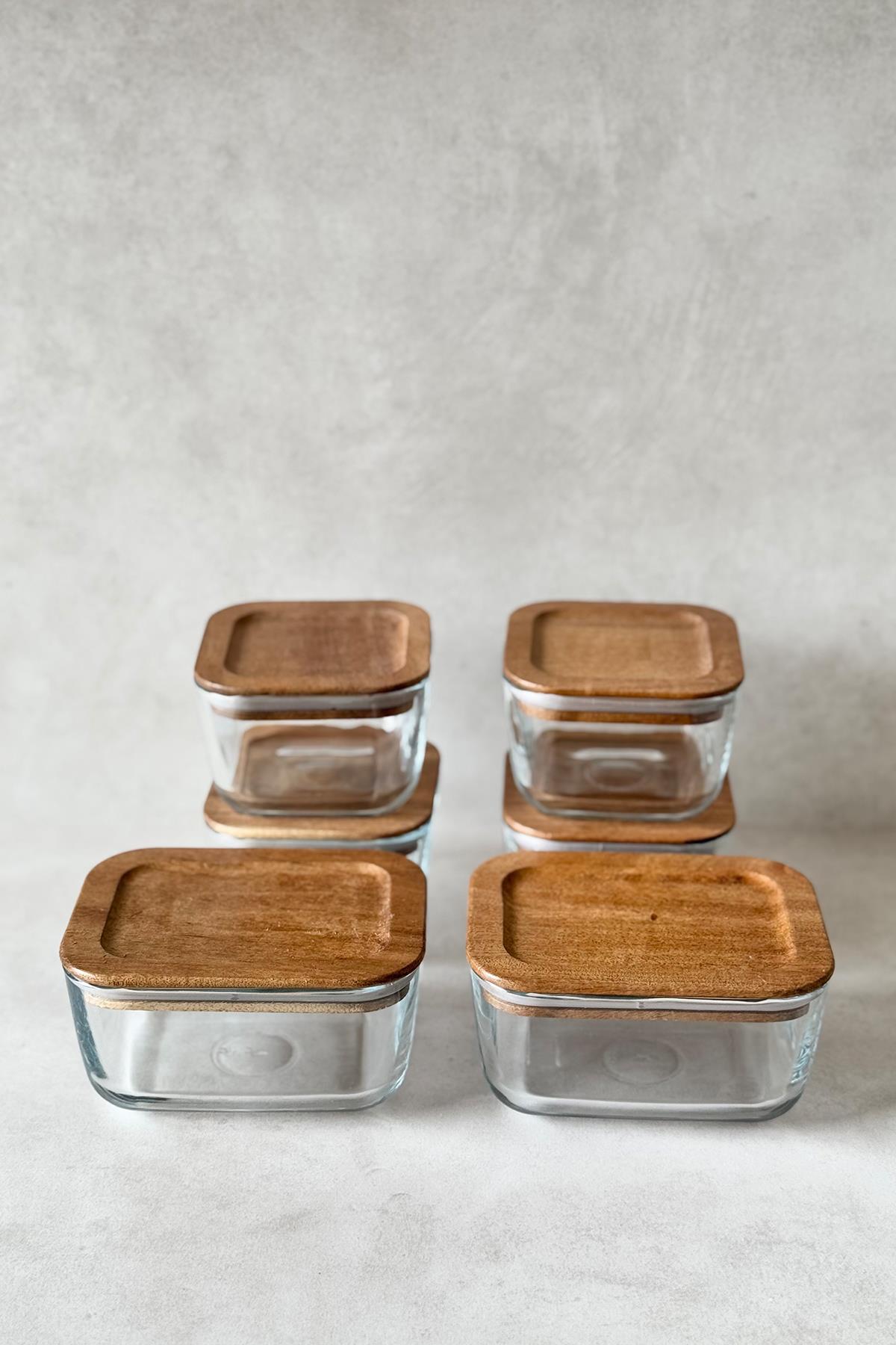 6'lı Akasya Vakum Kapaklı Kare/Dikdörtgen Cam Kahvaltılık Seti