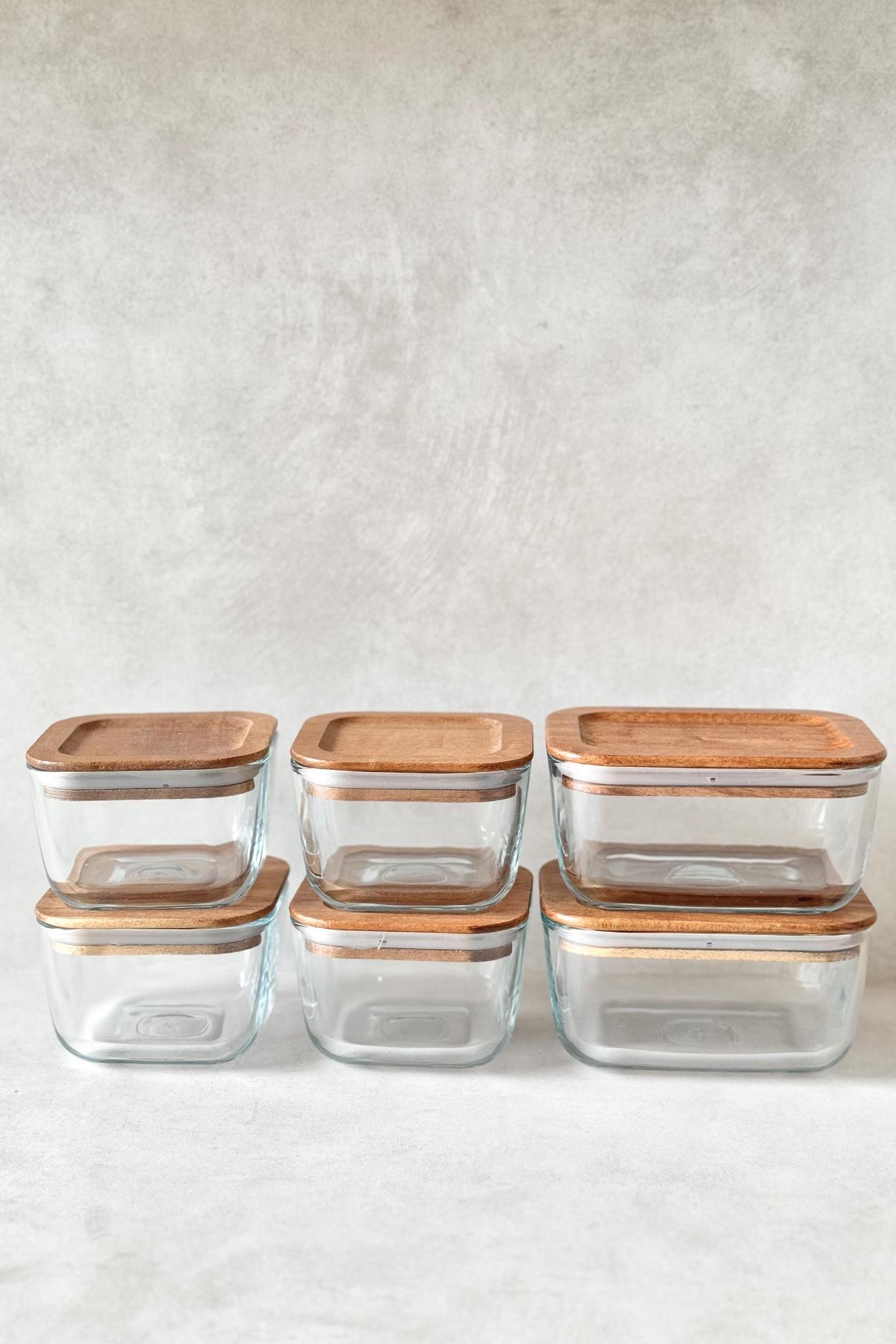 6'lı Akasya Vakum Kapaklı Kare/Dikdörtgen Cam Kahvaltılık Seti