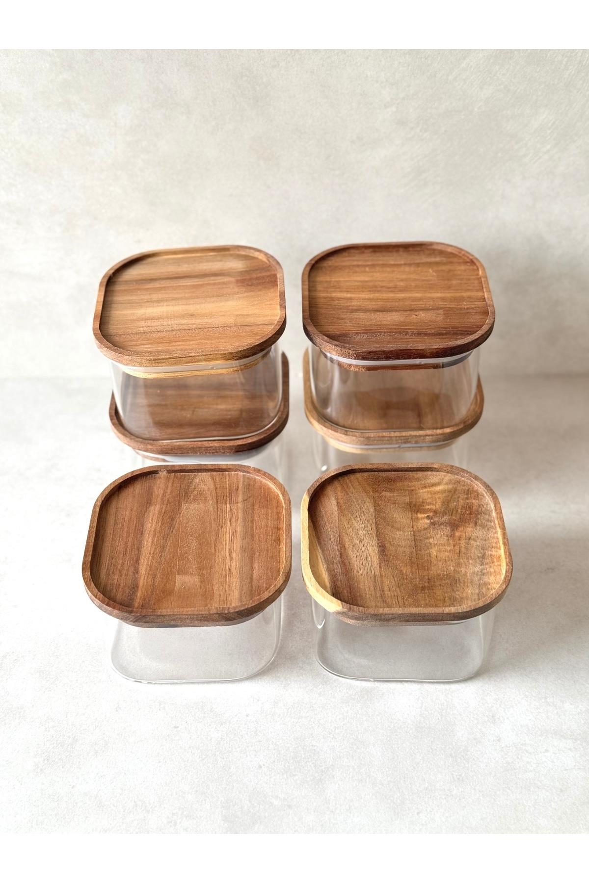6'lı Kare Akasya Vakum Kapaklı Borosilikat Cam Kahvaltılık Seti