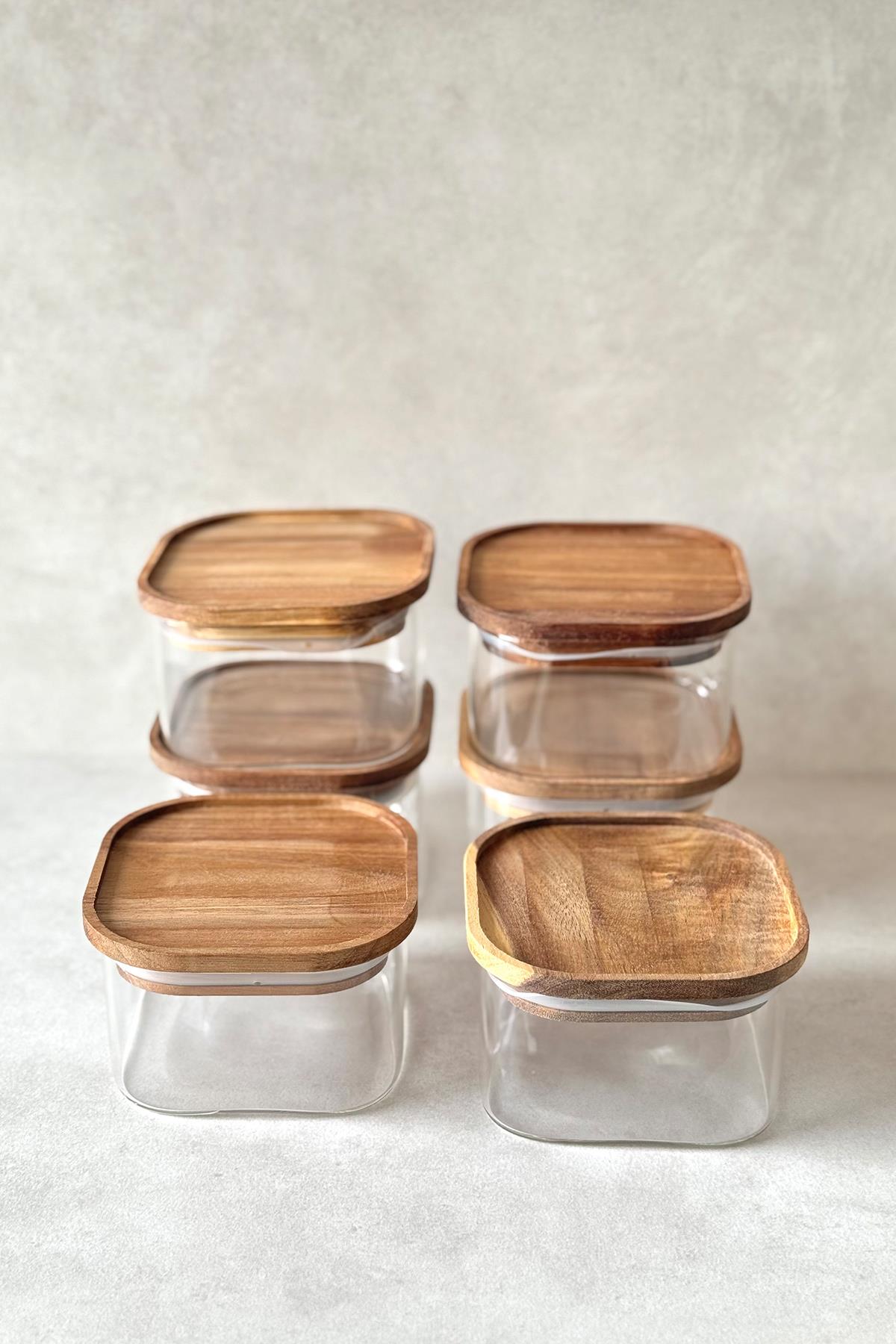 6'lı Kare Akasya Vakum Kapaklı Borosilikat Cam Kahvaltılık Seti