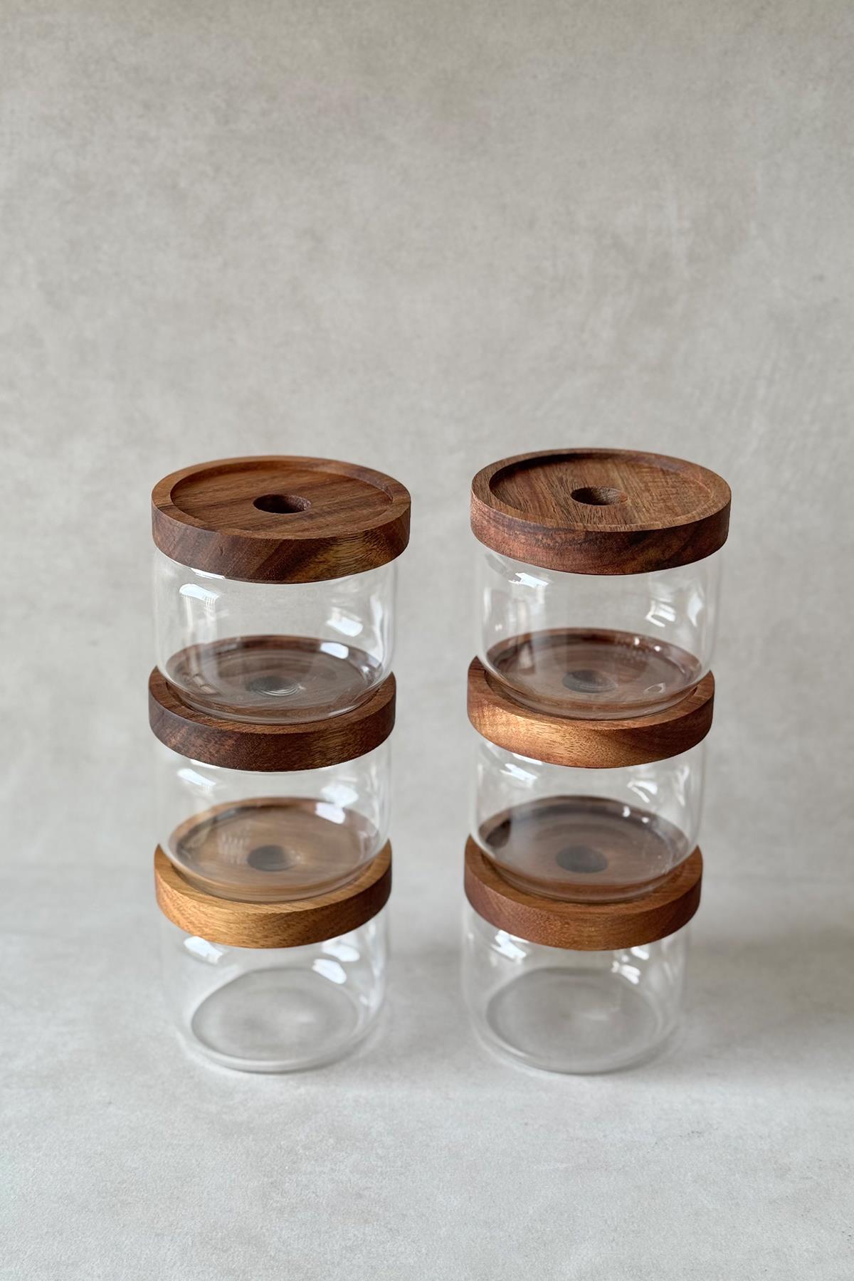 6'lı Standlı Yuvarlak Akasya Vakum Kapaklı Kahvaltılık Seti (Borosilikat Cam) DKRZ-687, one size