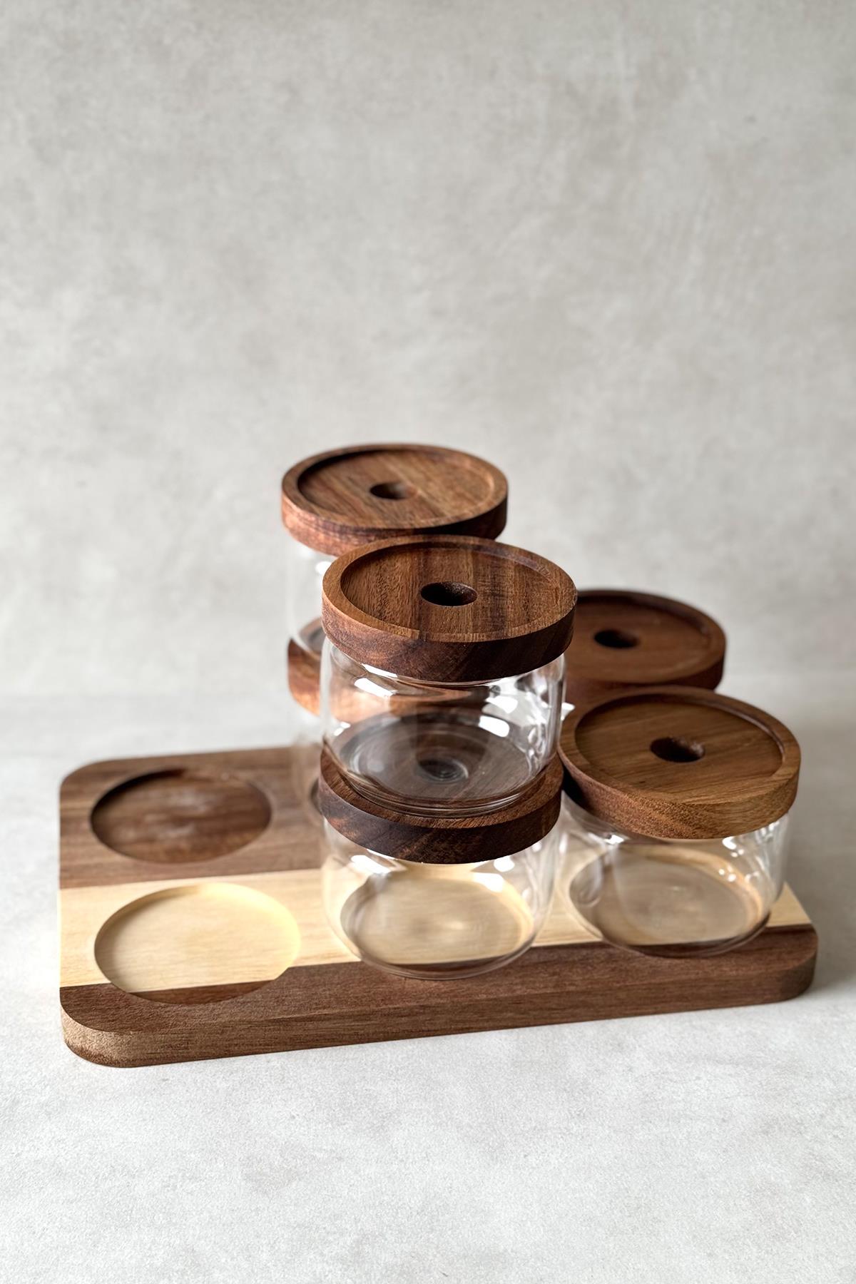 6'lı Standlı Yuvarlak Akasya Vakum Kapaklı Kahvaltılık Seti (Borosilikat Cam) DKRZ-687, one size