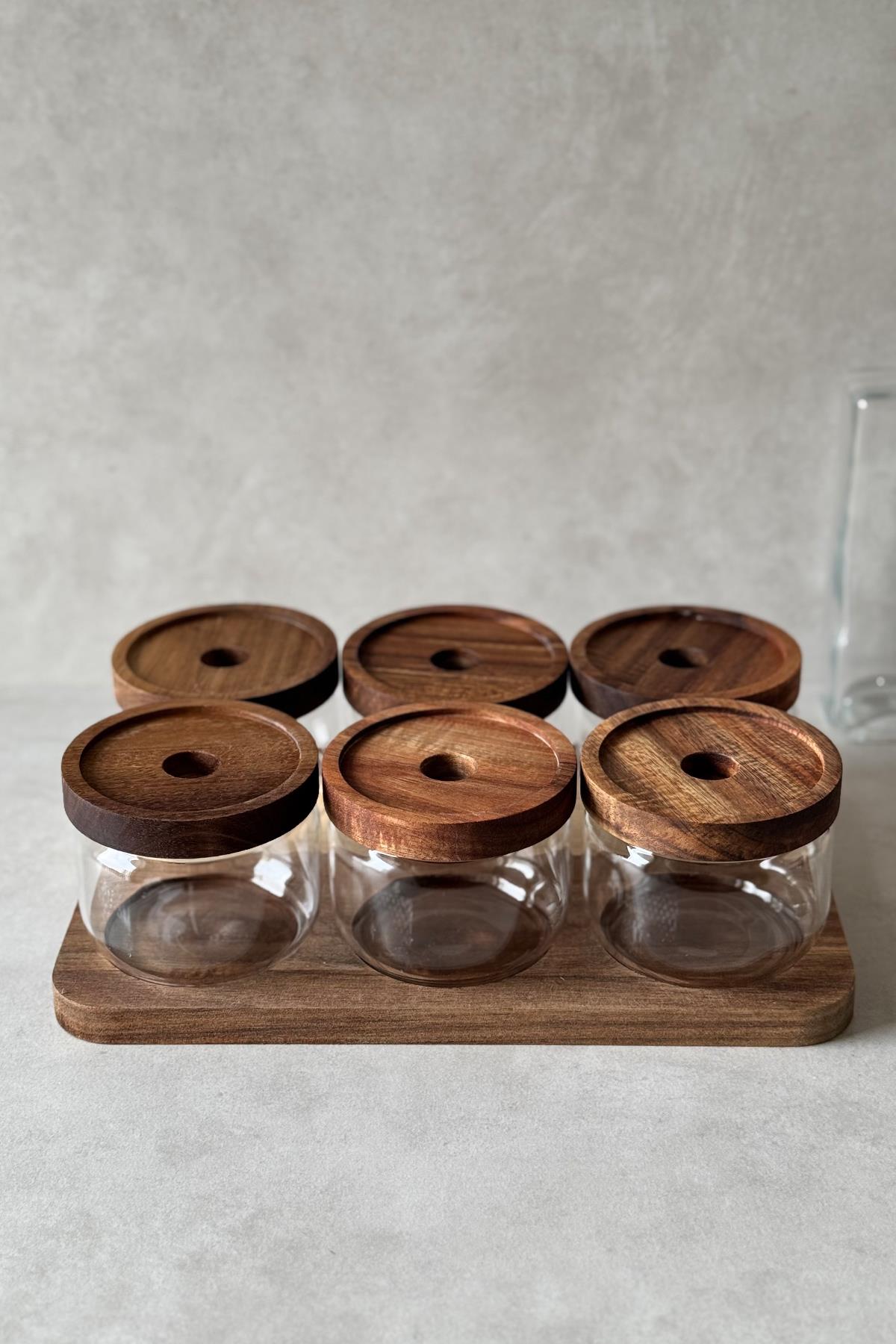 6'lı Standlı Yuvarlak Akasya Vakum Kapaklı Kahvaltılık Seti (Borosilikat Cam) DKRZ-687, one size