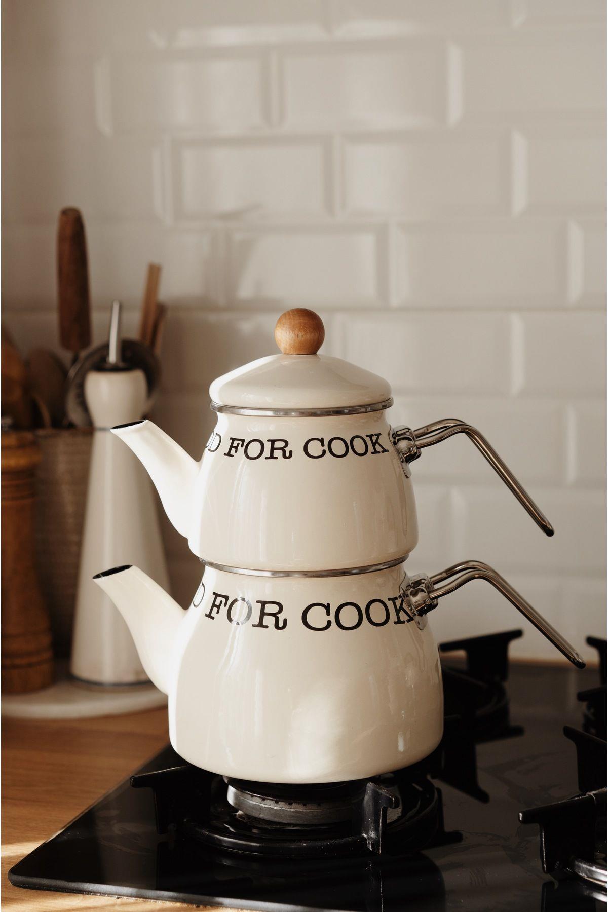 Ahşap Detaylı Emaye Çaydanlık Seti(Krem Renk)