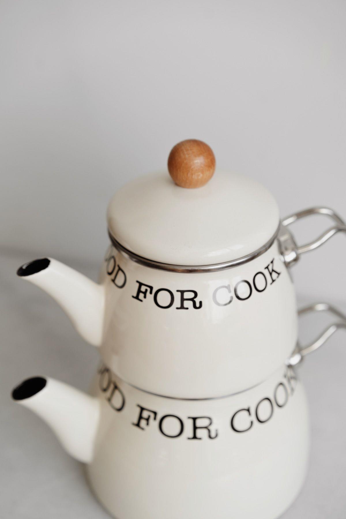 Ahşap Detaylı Emaye Çaydanlık Seti(Krem Renk)