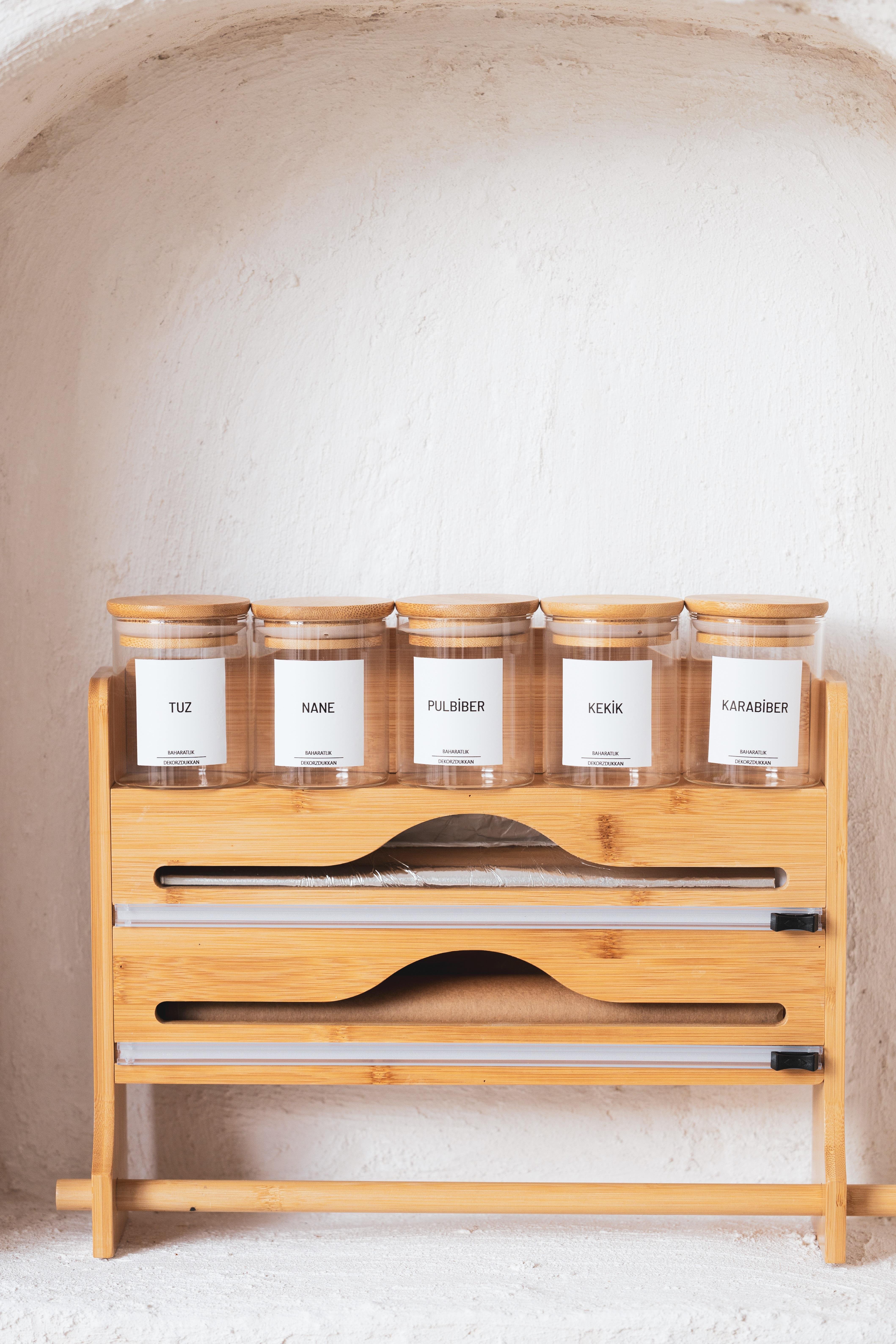 Bambu Fonksiyonel Raflı Streç Folyo kesme kutusu ve kağıt havlu askılığı