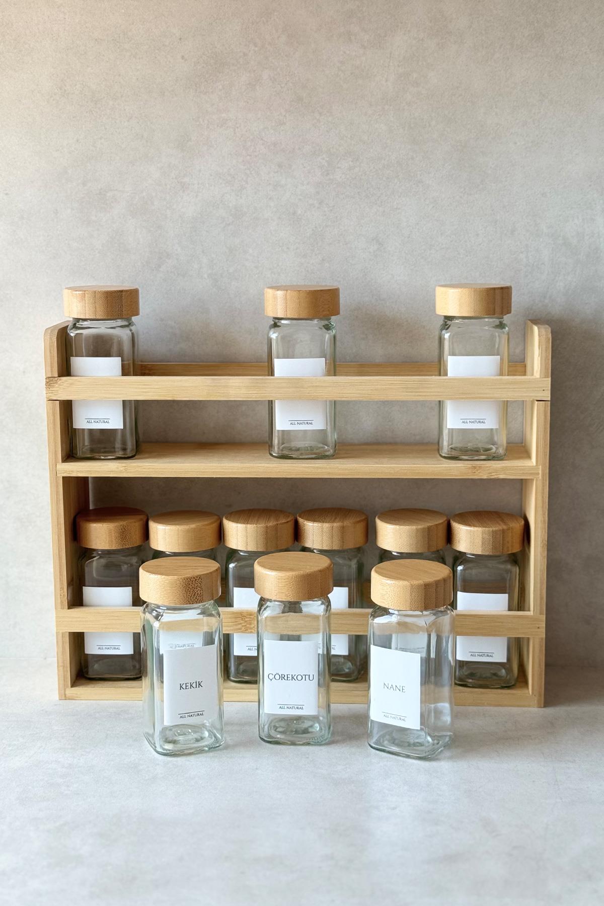Bambu Standlı ve Bambu Kapaklı 12'li Kare Baharatlık Seti (25 adet etiket)