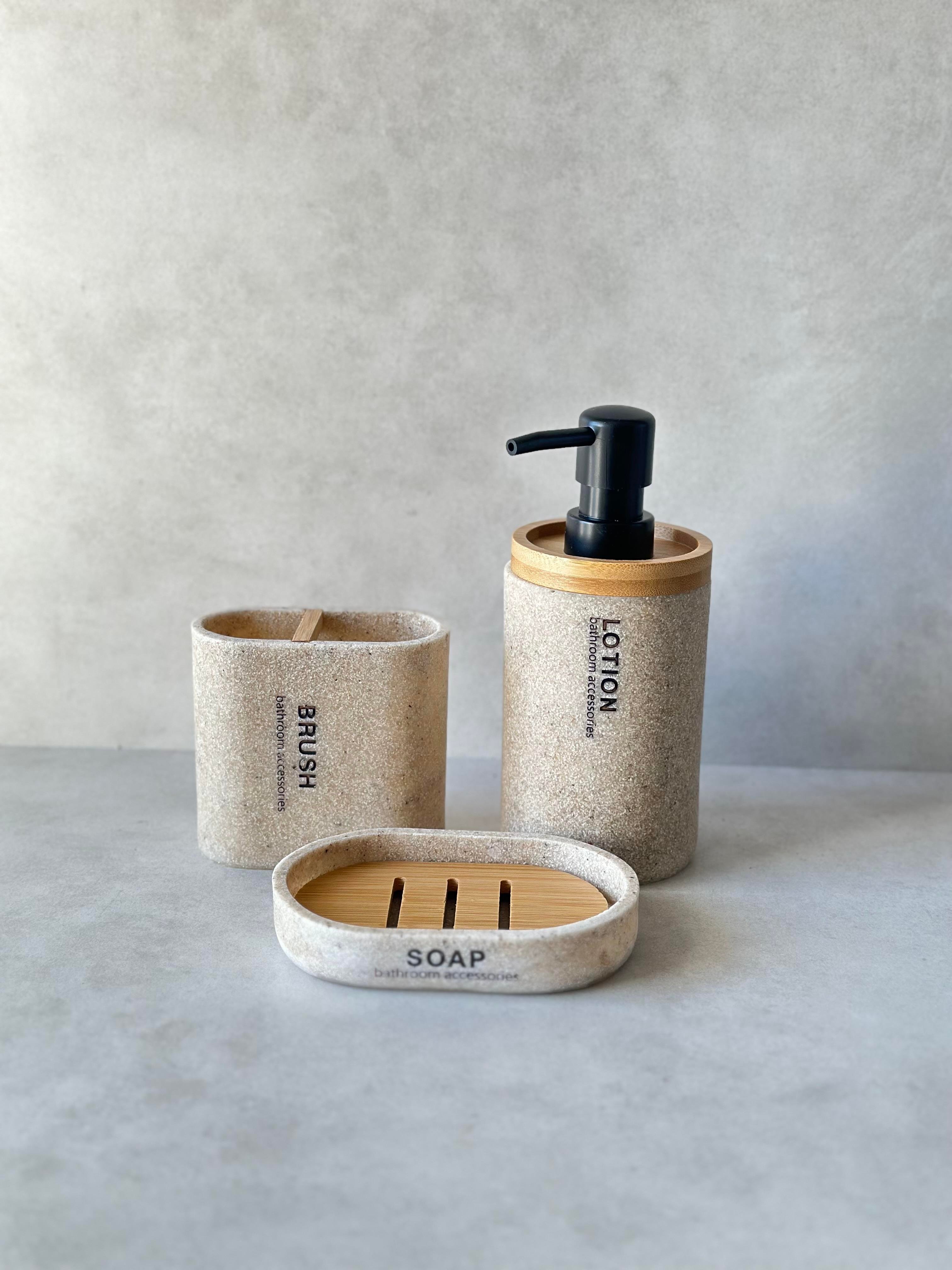 Bej Bambu Detaylı Banyo Seti (3 parça)