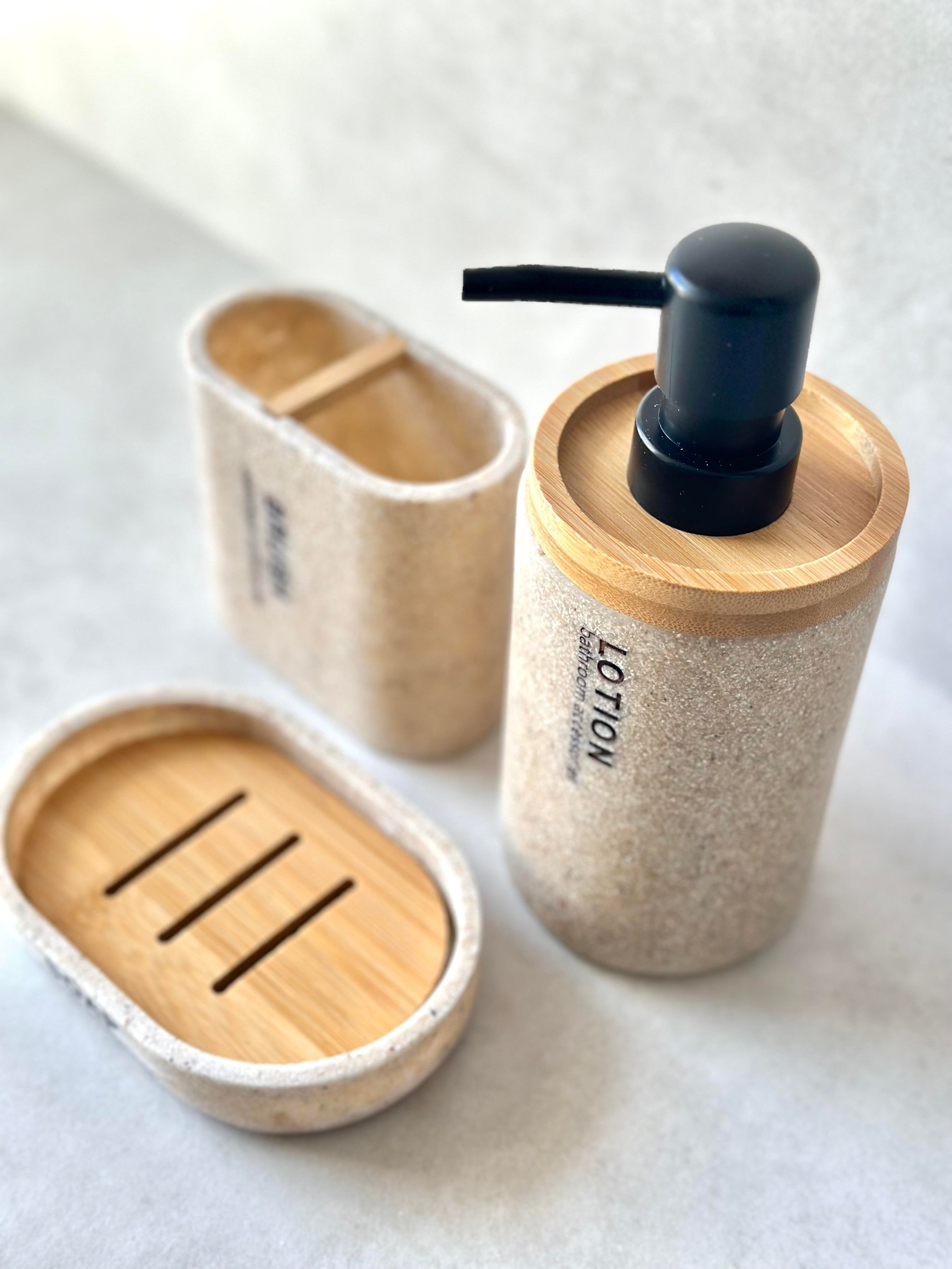 Bej Bambu Detaylı Banyo Seti (3 parça)