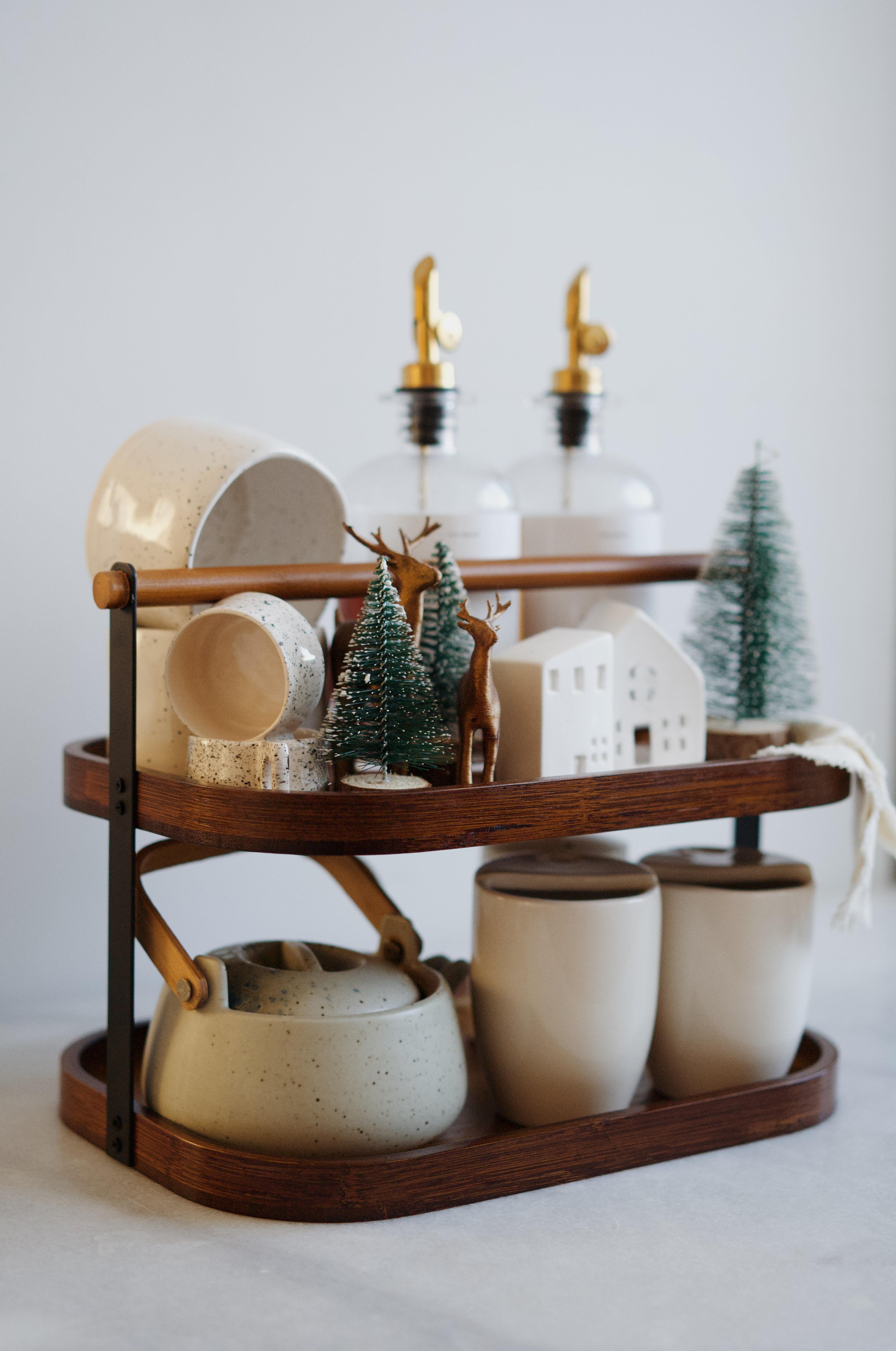 Çift Katlı Akasya Tezgah Üstü Stand