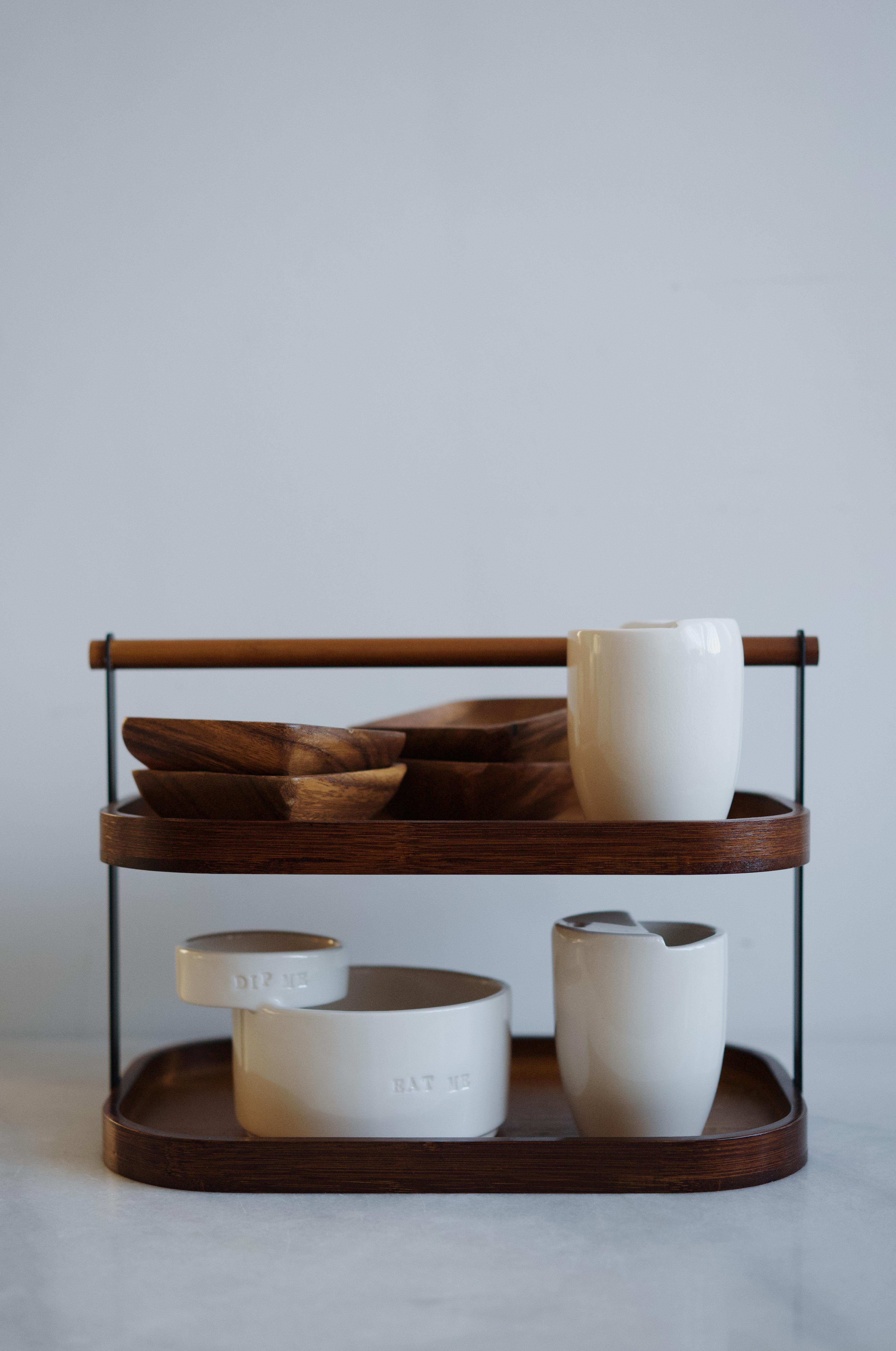 Çift Katlı Akasya Tezgah Üstü Stand