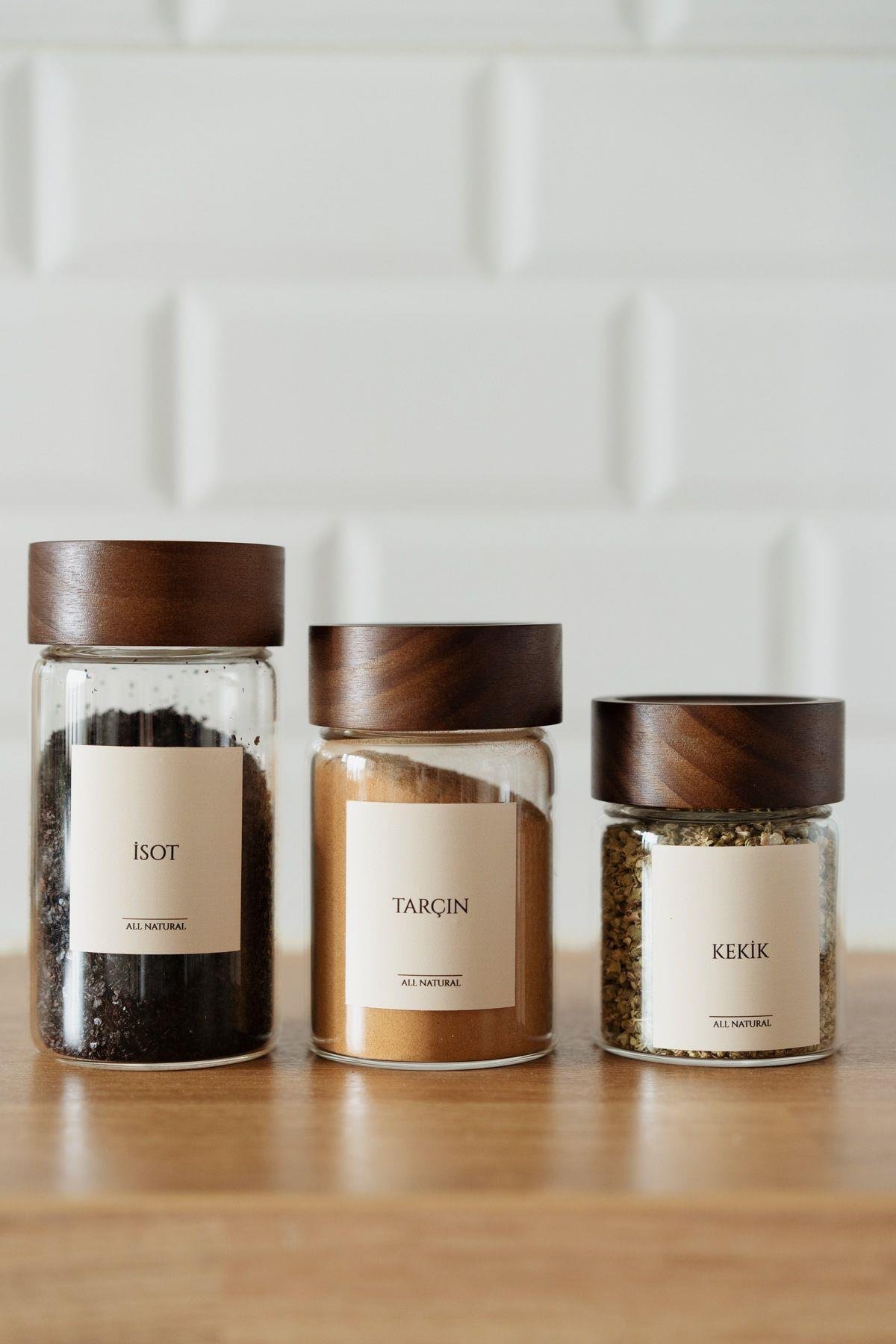 Claire 3'lü Akasya Kapaklı Cam Baharatlık Seti (200+250+300ml)