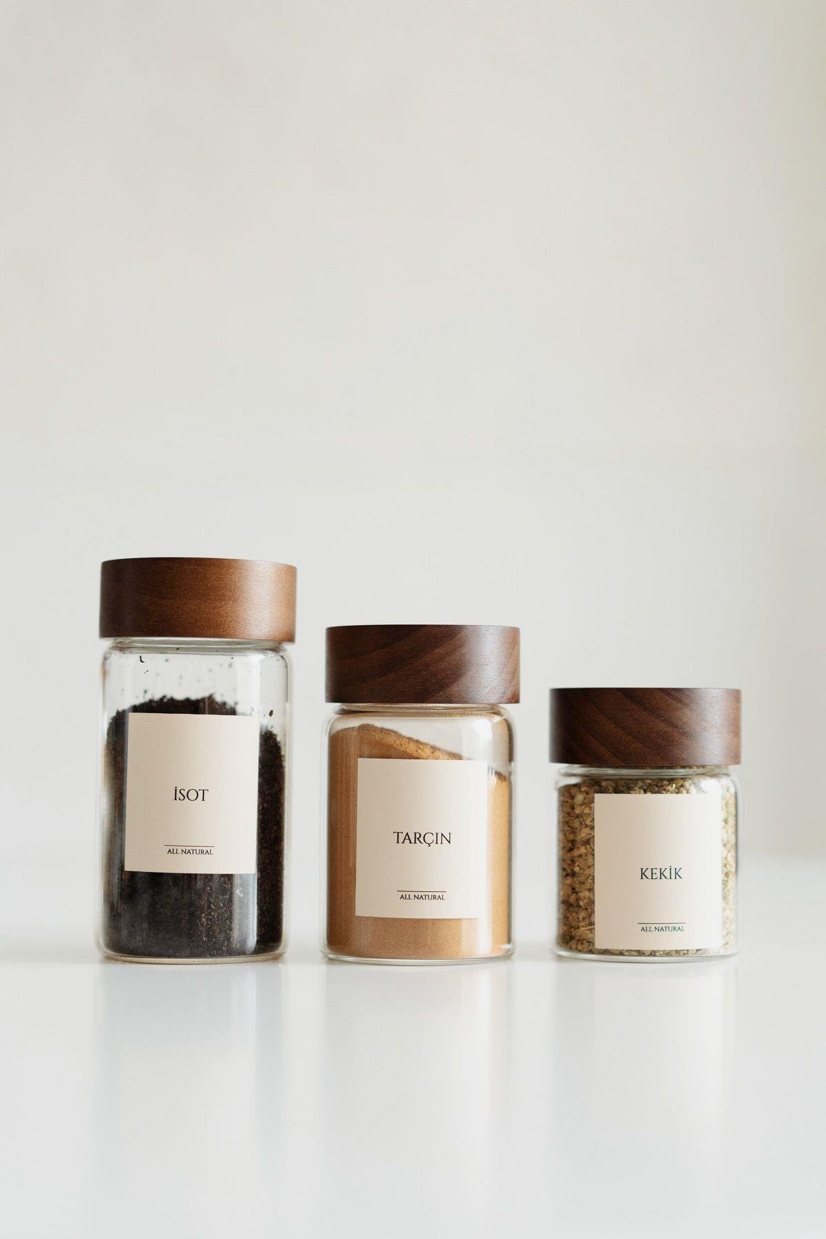 Claire 3'lü Akasya Kapaklı Cam Baharatlık Seti (200+250+300ml)