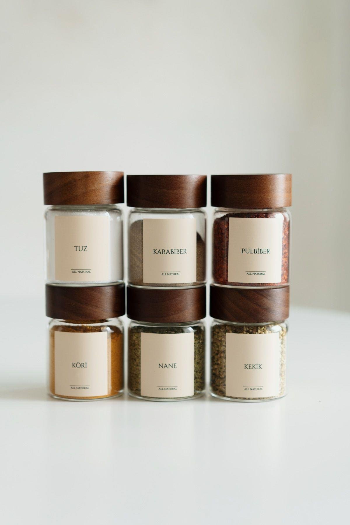 Claire 6'lı Akaysa Kapaklı Yuvarlak Cam Baharatlık Seti