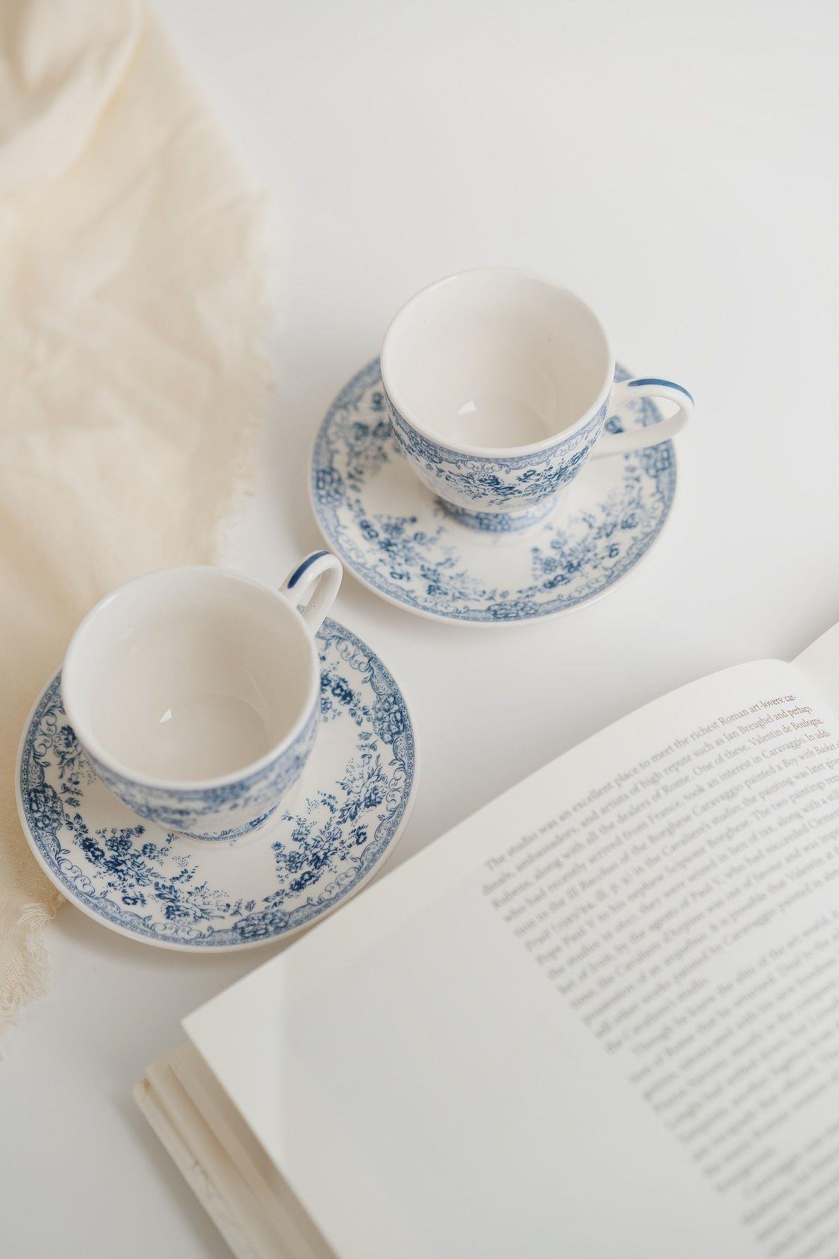 İkili Vintage Desenli Porselen Kahve Fincan Seti ( Mavi )