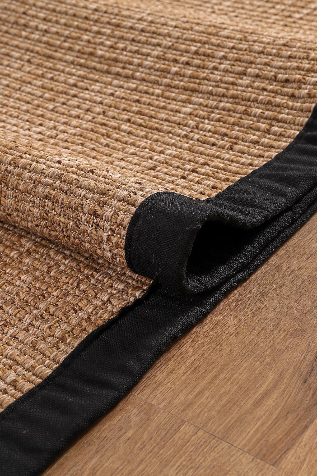 Sisal Hasır Halı ModelleriSARAZ HALI0465-Siyah Kumaş Bordür Sisal Halı Kilim Hav Toz Vermez Kolay Temizlenen Hasır Kilim