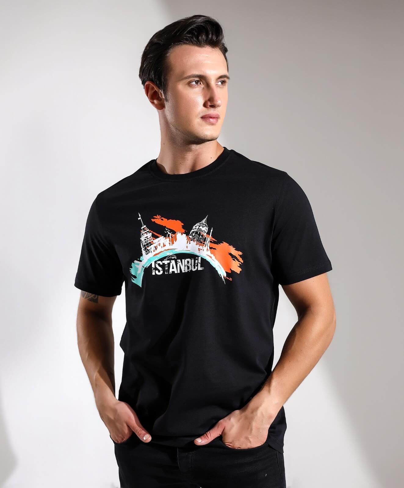 İstanbul KızKulesi Galata Silüeti Oval Baskılı Regular Kalıp T-shirt Teknobutik.com'da