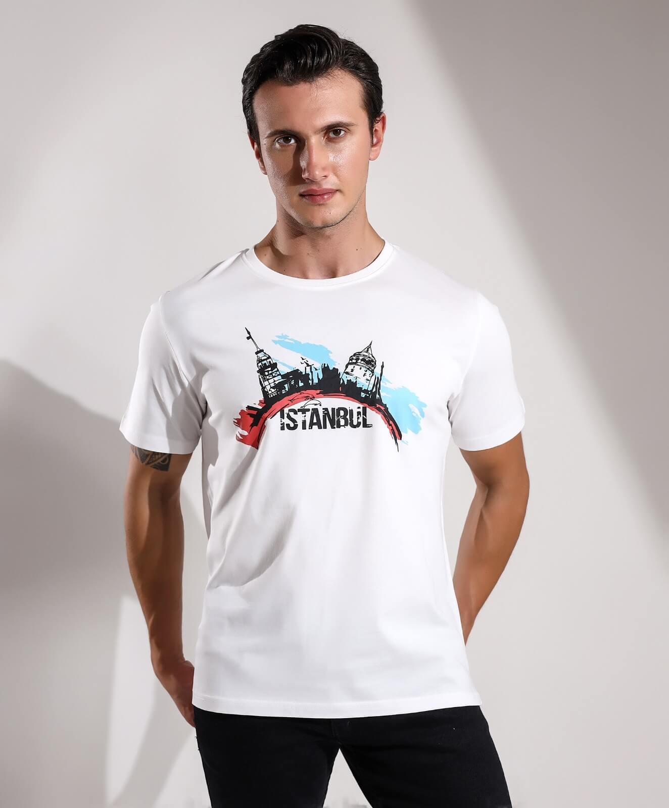 İstanbul KızKulesi Galata Silüeti Oval Baskılı Regular Kalıp T-shirt Teknobutik.com'da