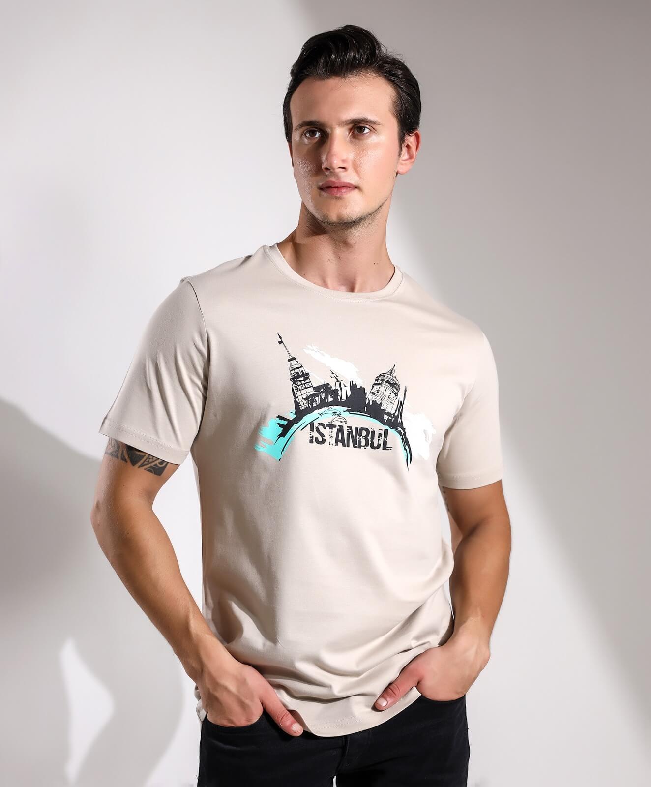 İstanbul KızKulesi Galata Silüeti Oval Baskılı Regular Kalıp T-shirt Teknobutik.com'da