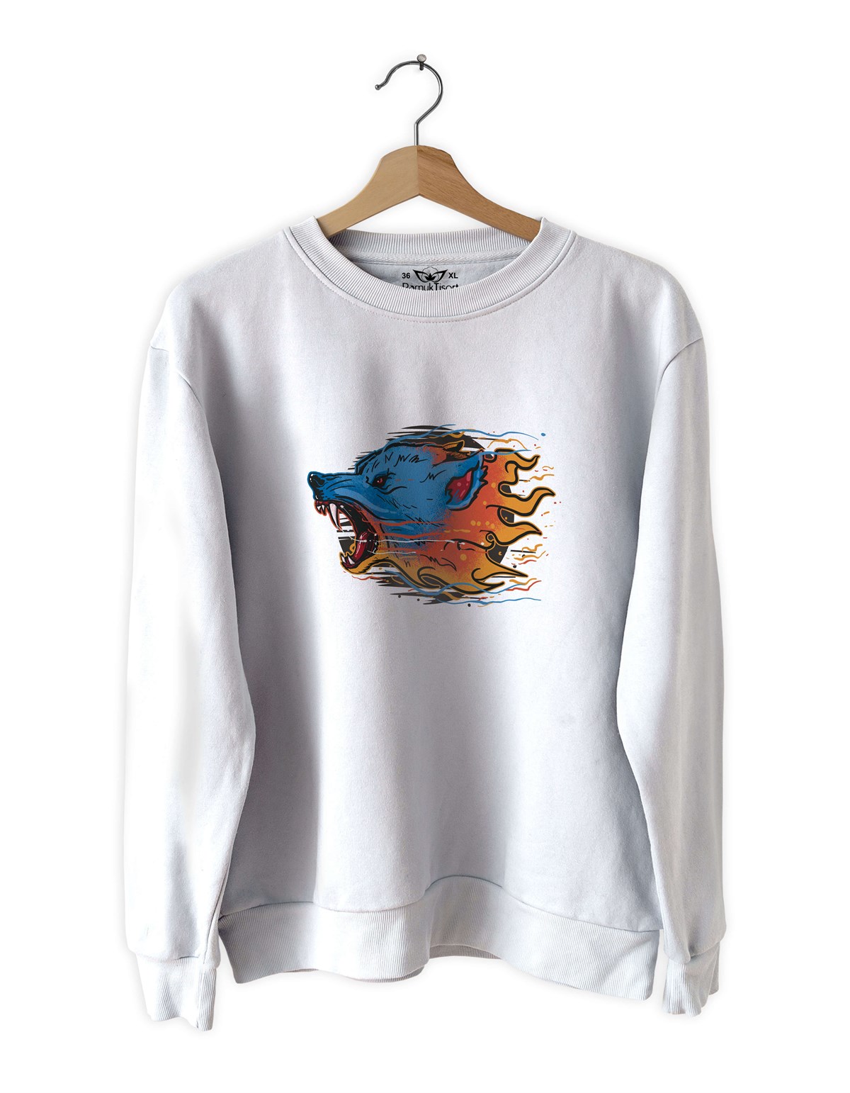 Ateş ve Kurt Baskılı Slim Fit Siyah - Beyaz Sweatshirt